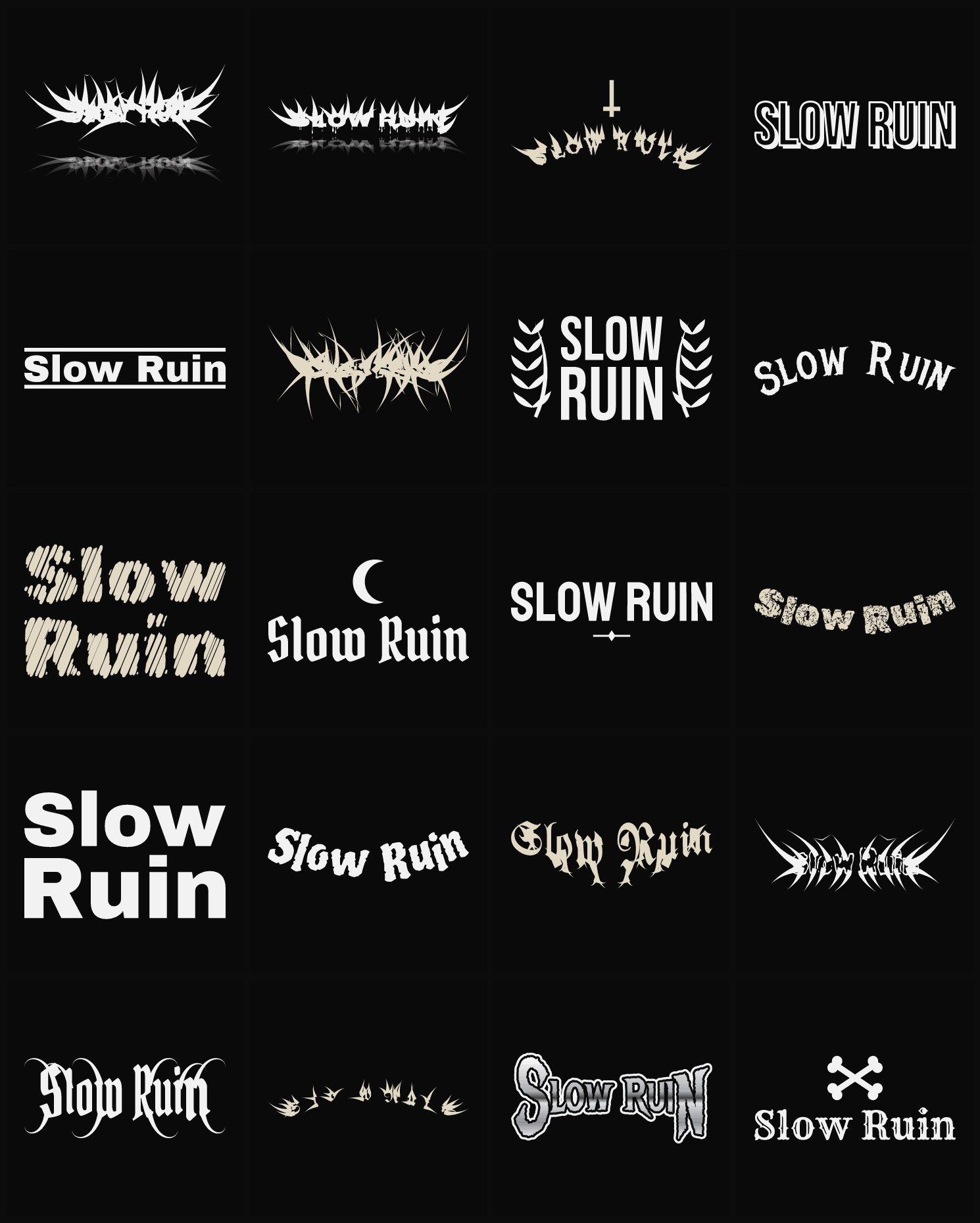Twenty Slow Ruin band logo ideas — different faces, treatments and spike settings