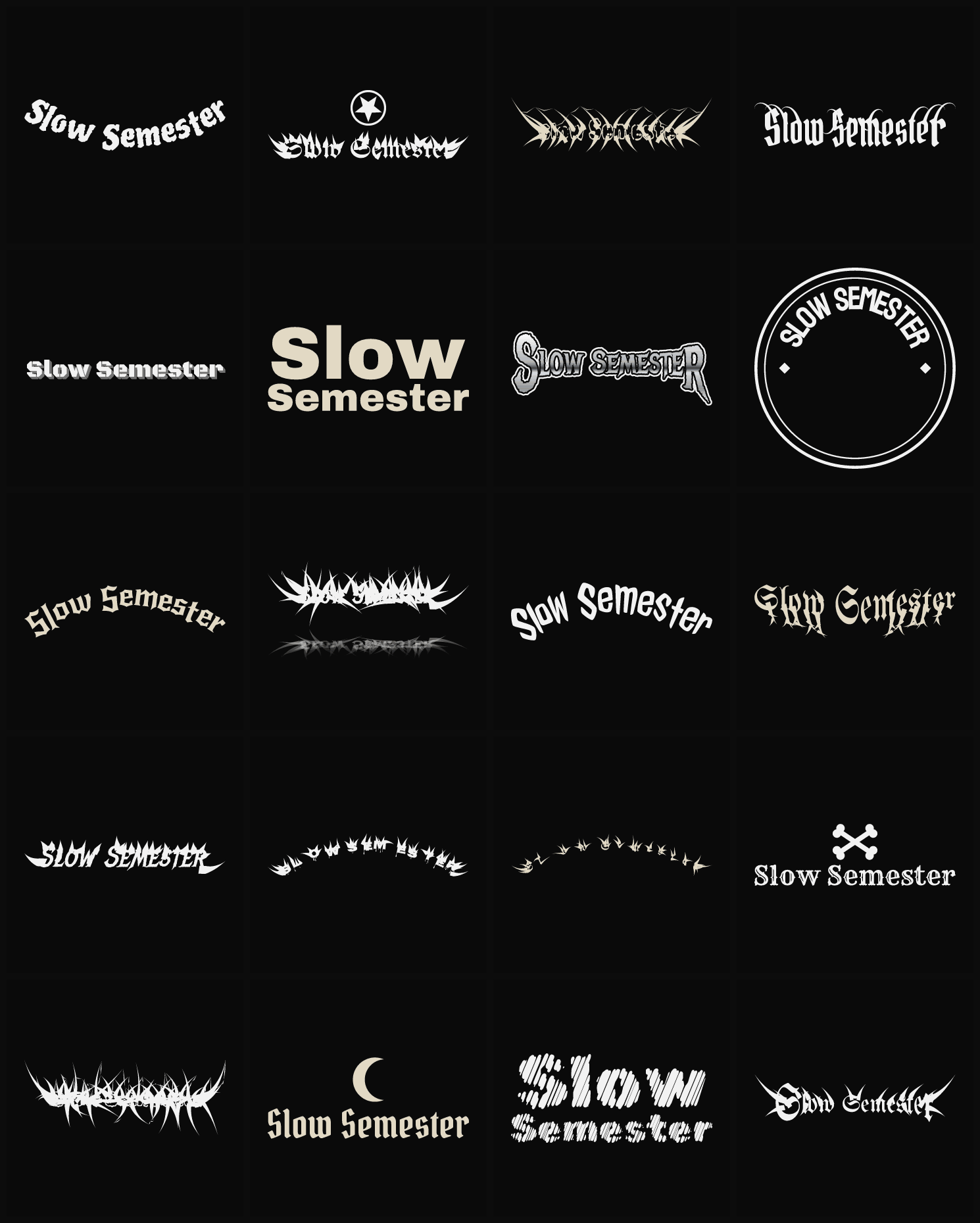 Twenty Slow Semester band logo ideas — different faces, treatments and spike settings