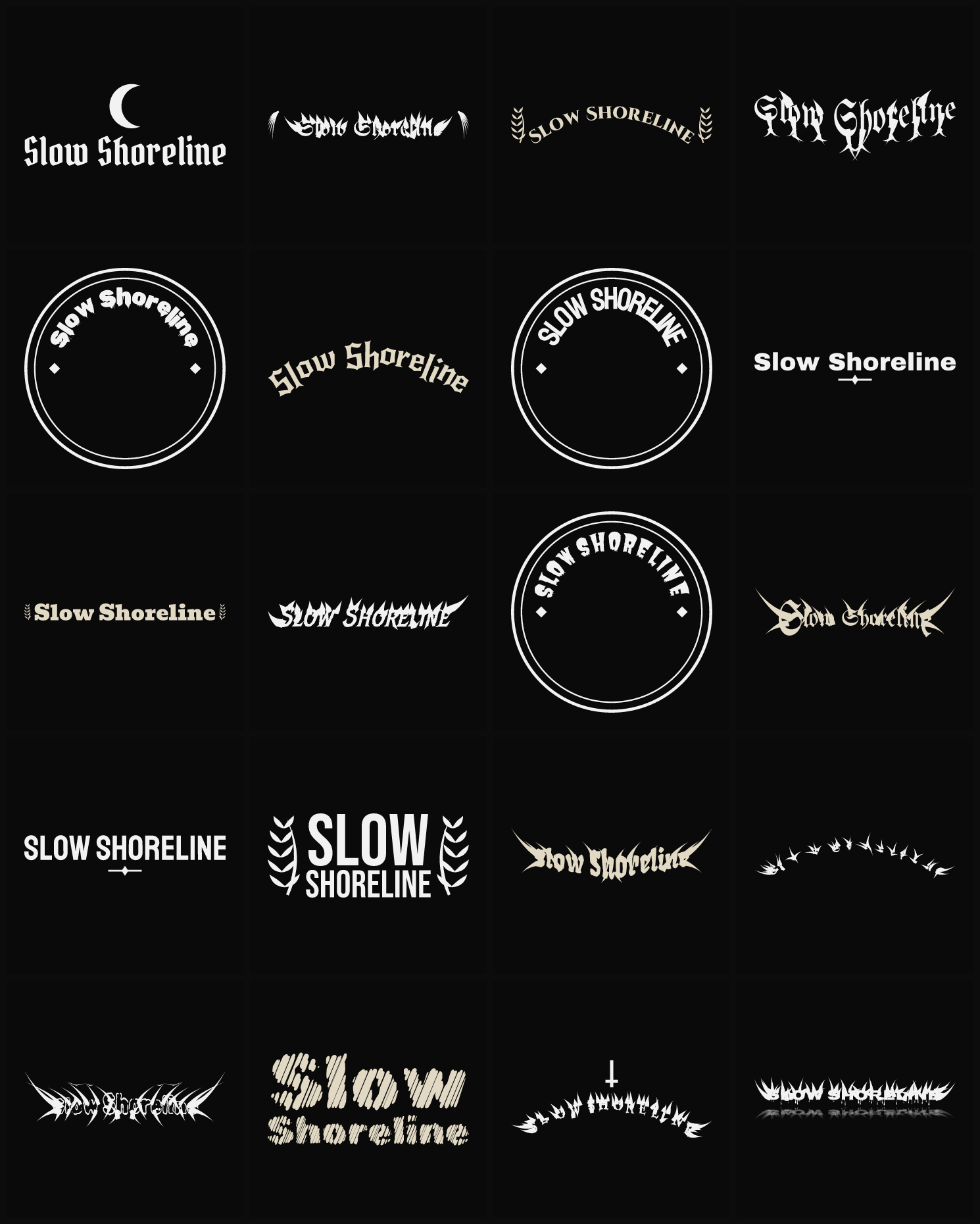Twenty Slow Shoreline band logo ideas — different faces, treatments and spike settings