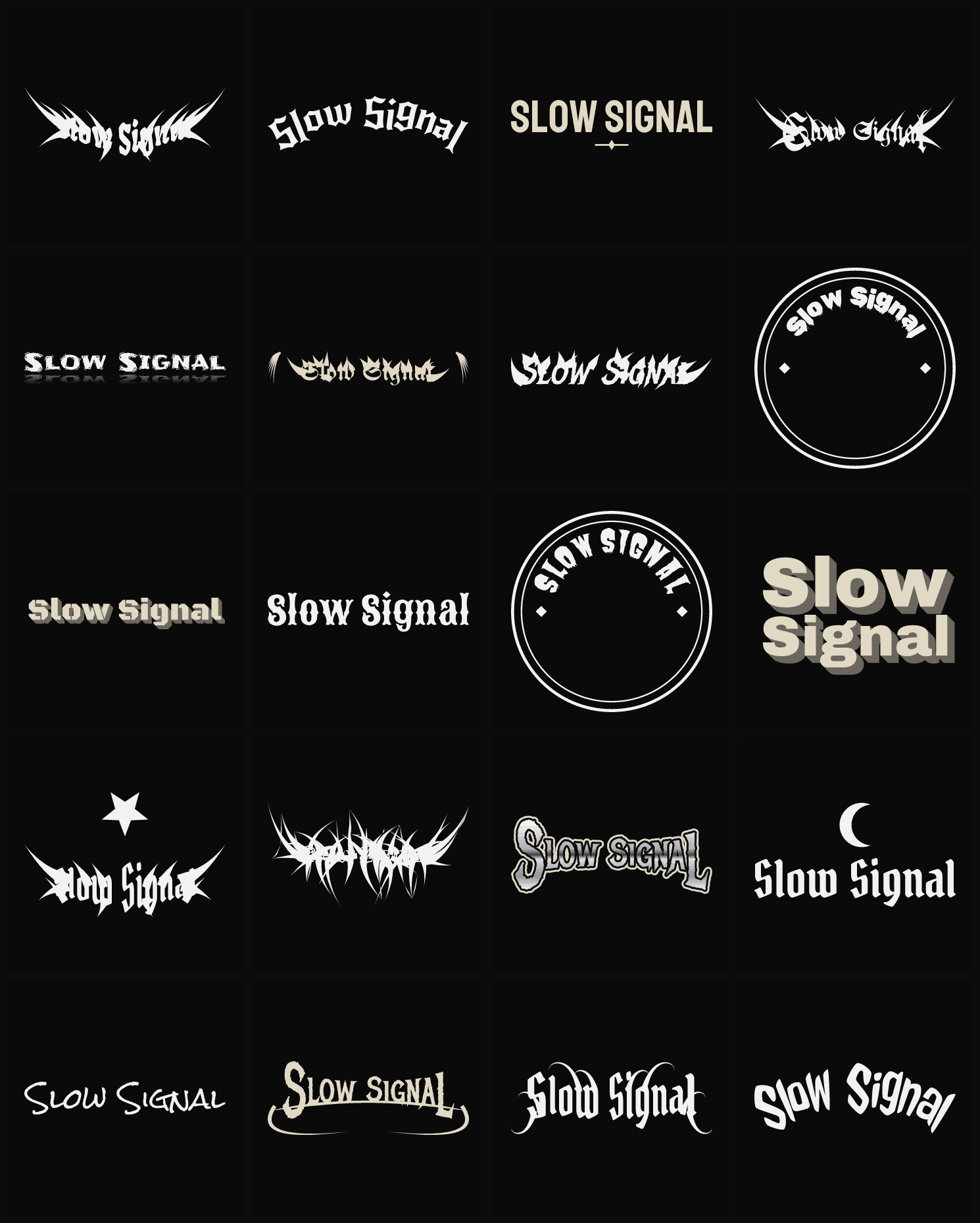 Twenty Slow Signal band logo ideas — different faces, treatments and spike settings