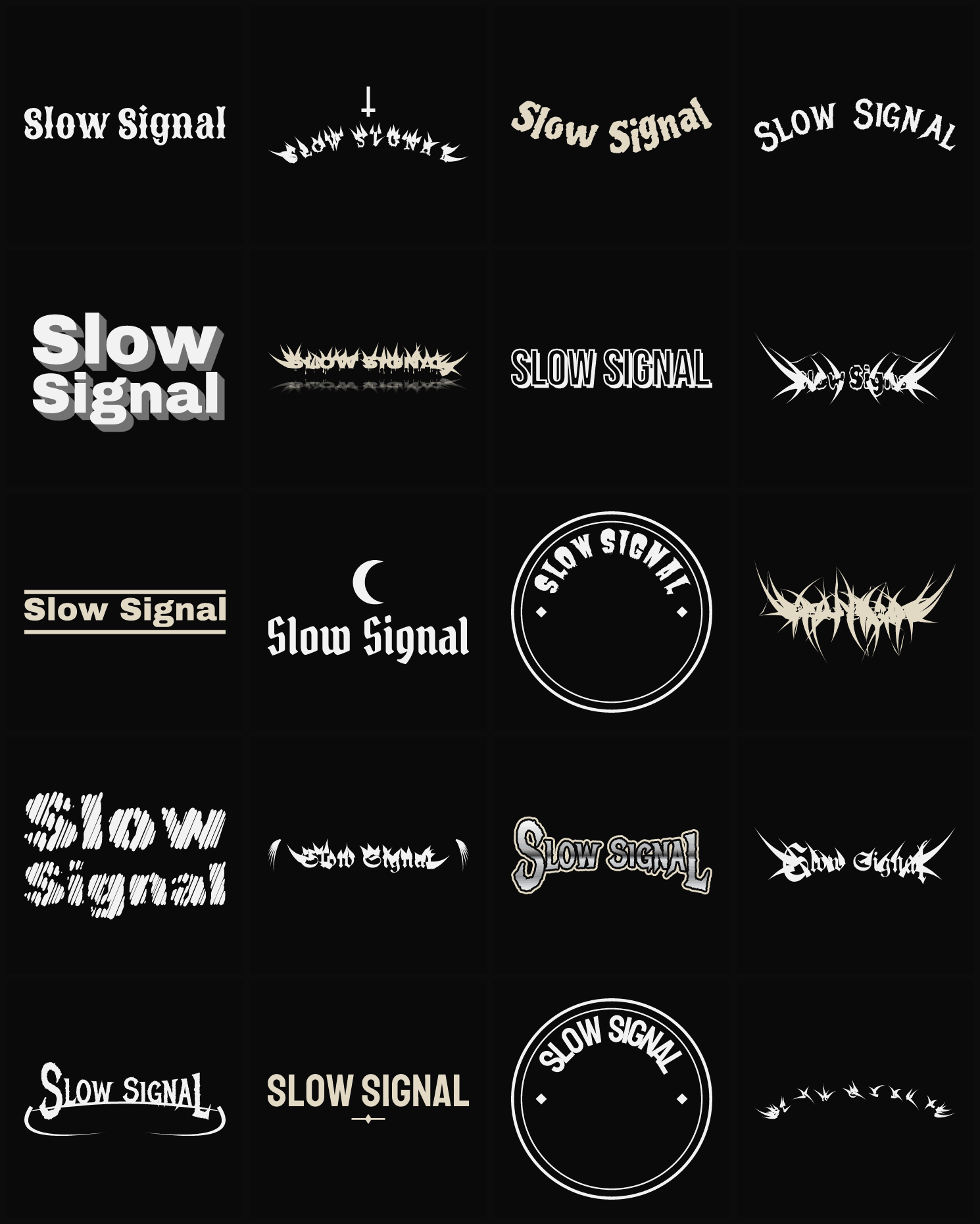 Twenty Slow Signal band logo ideas — different faces, treatments and spike settings