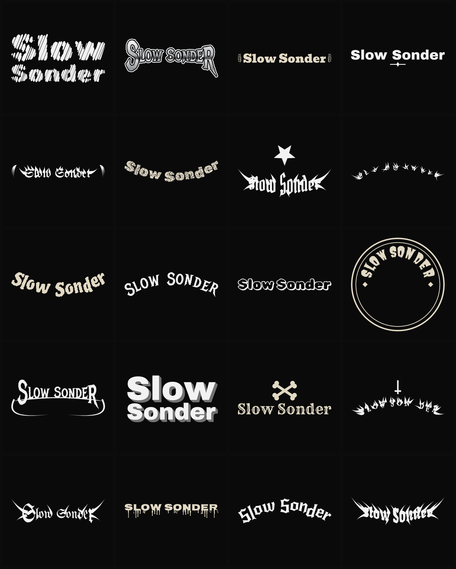 Twenty Slow Sonder band logo ideas — different faces, treatments and spike settings