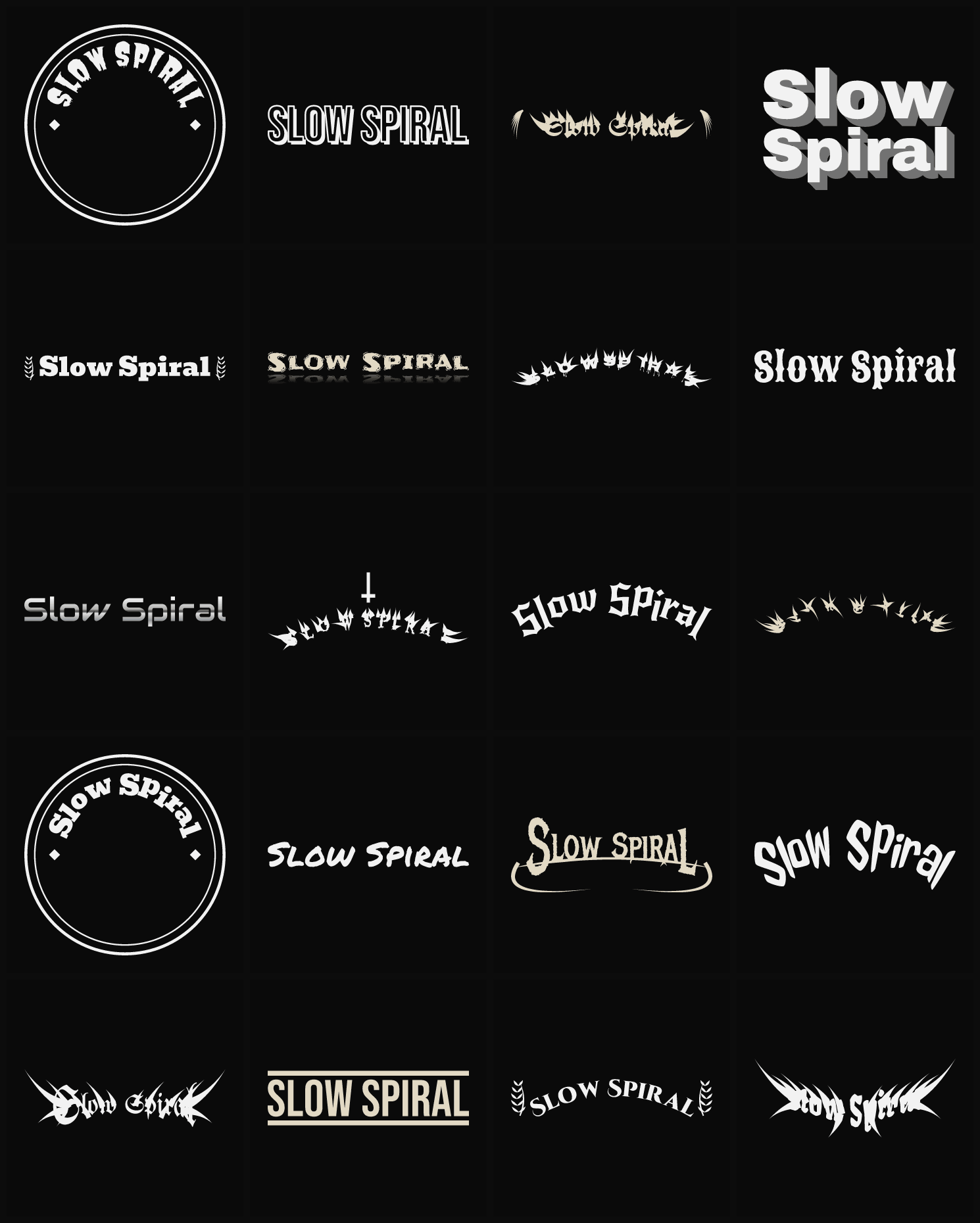 Twenty Slow Spiral band logo ideas — different faces, treatments and spike settings