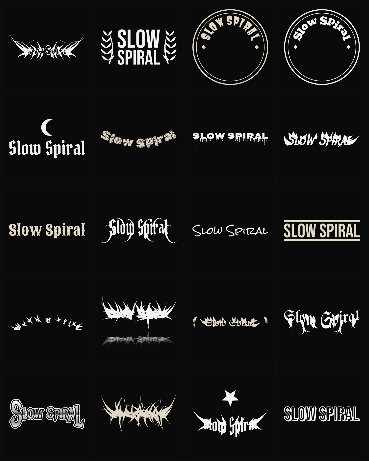 Twenty Slow Spiral band logo ideas — different faces, treatments and spike settings