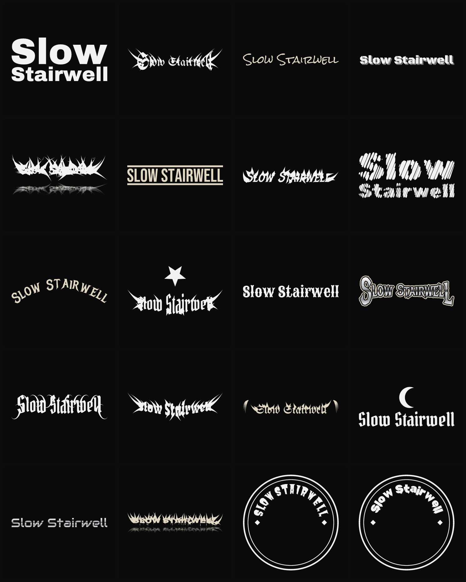 Twenty Slow Stairwell band logo ideas — different faces, treatments and spike settings