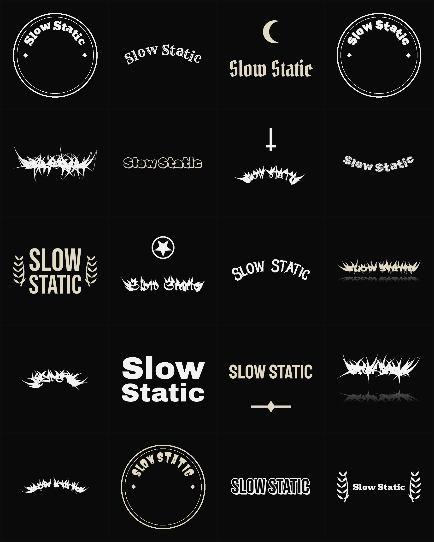 Twenty Slow Static band logo ideas — different faces, treatments and spike settings