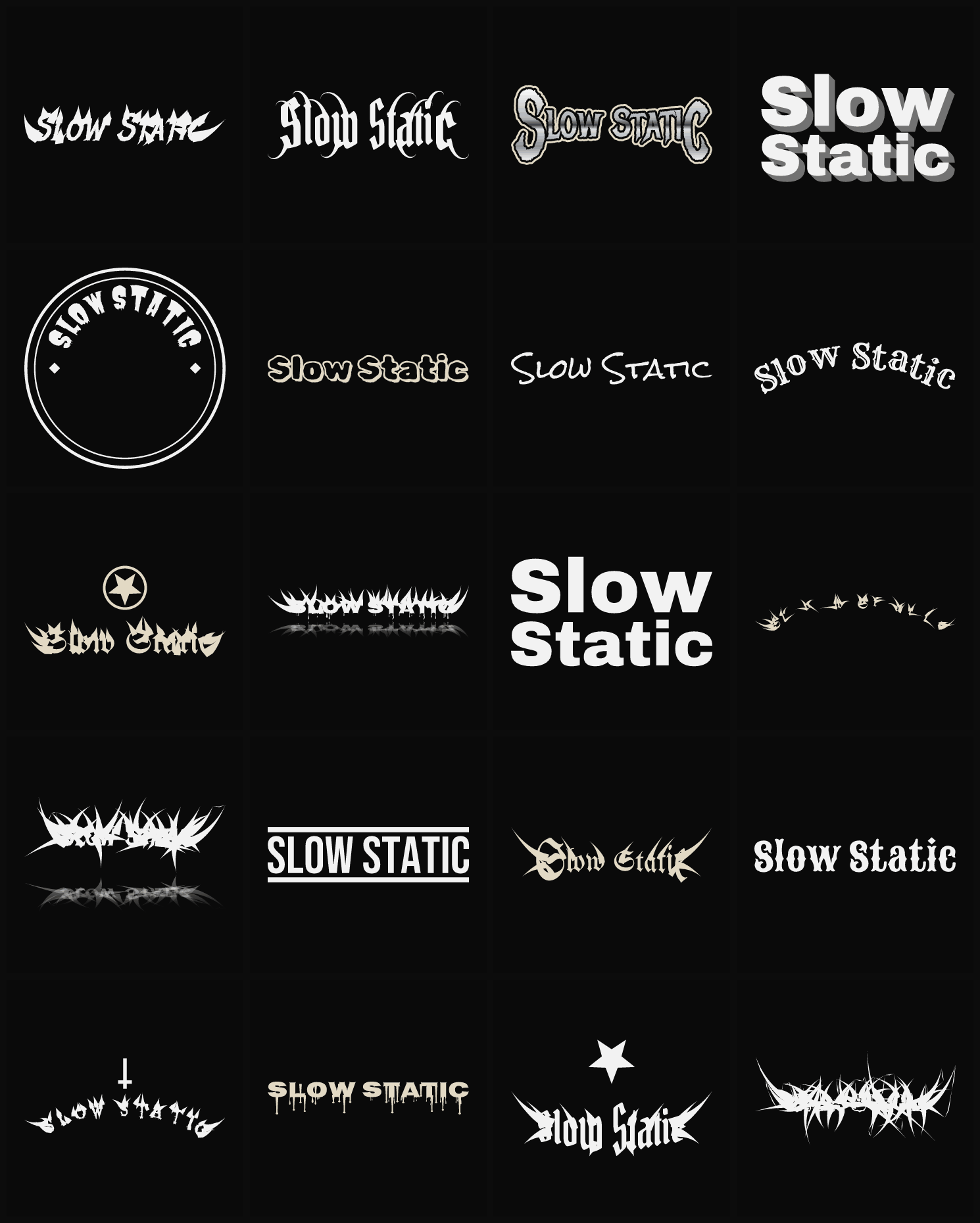 Twenty Slow Static band logo ideas — different faces, treatments and spike settings