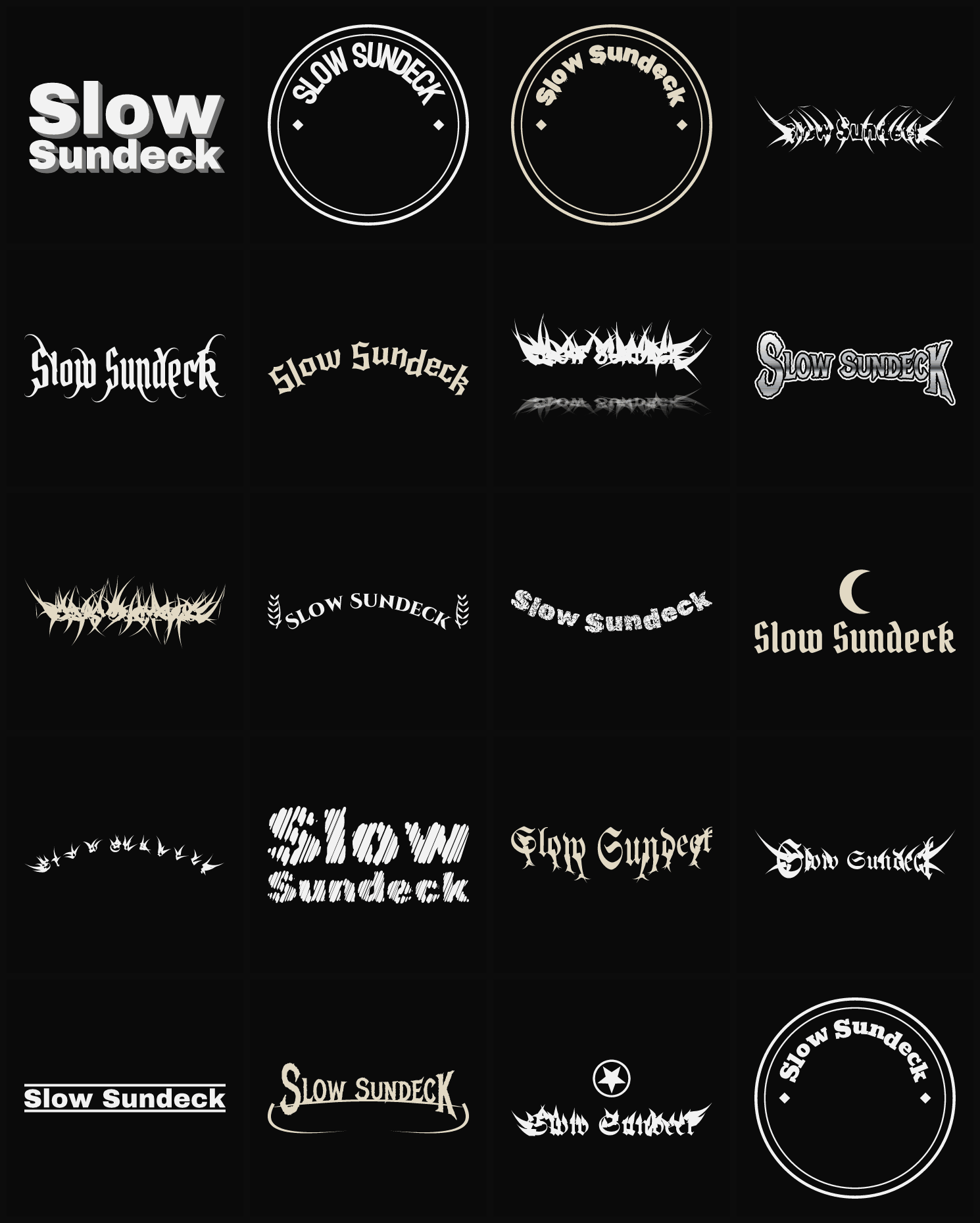 Twenty Slow Sundeck band logo ideas — different faces, treatments and spike settings