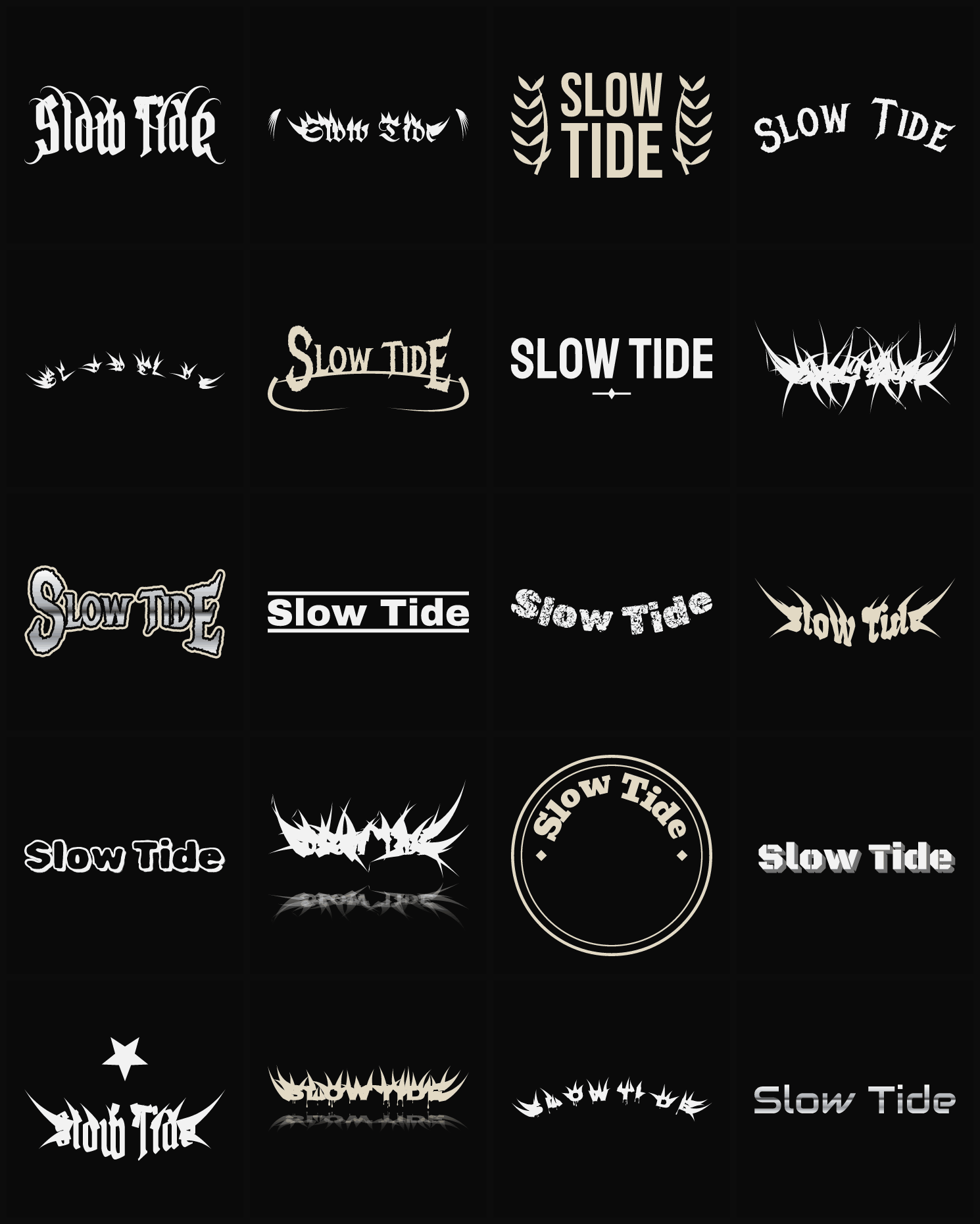 Twenty Slow Tide band logo ideas — different faces, treatments and spike settings