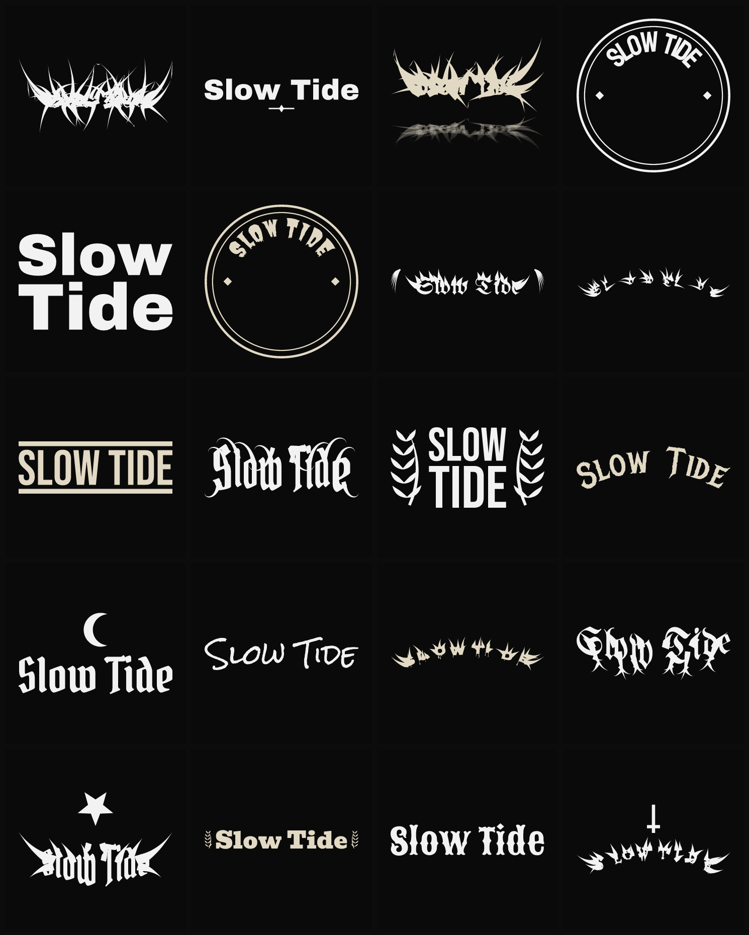 Twenty Slow Tide band logo ideas — different faces, treatments and spike settings