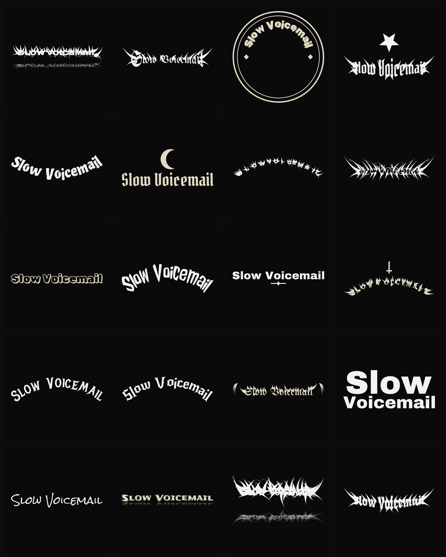 Twenty Slow Voicemail band logo ideas — different faces, treatments and spike settings