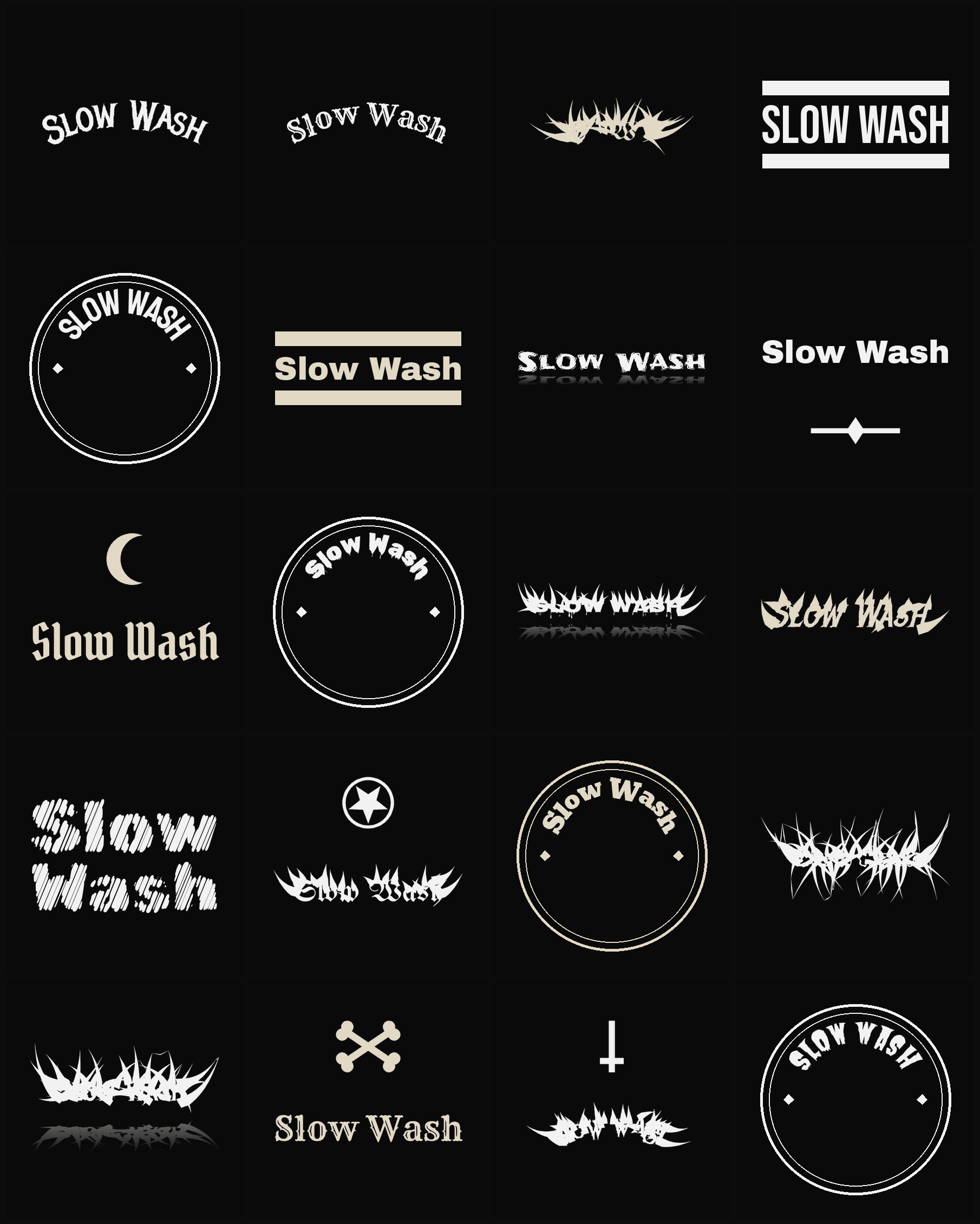 Twenty Slow Wash band logo ideas — different faces, treatments and spike settings