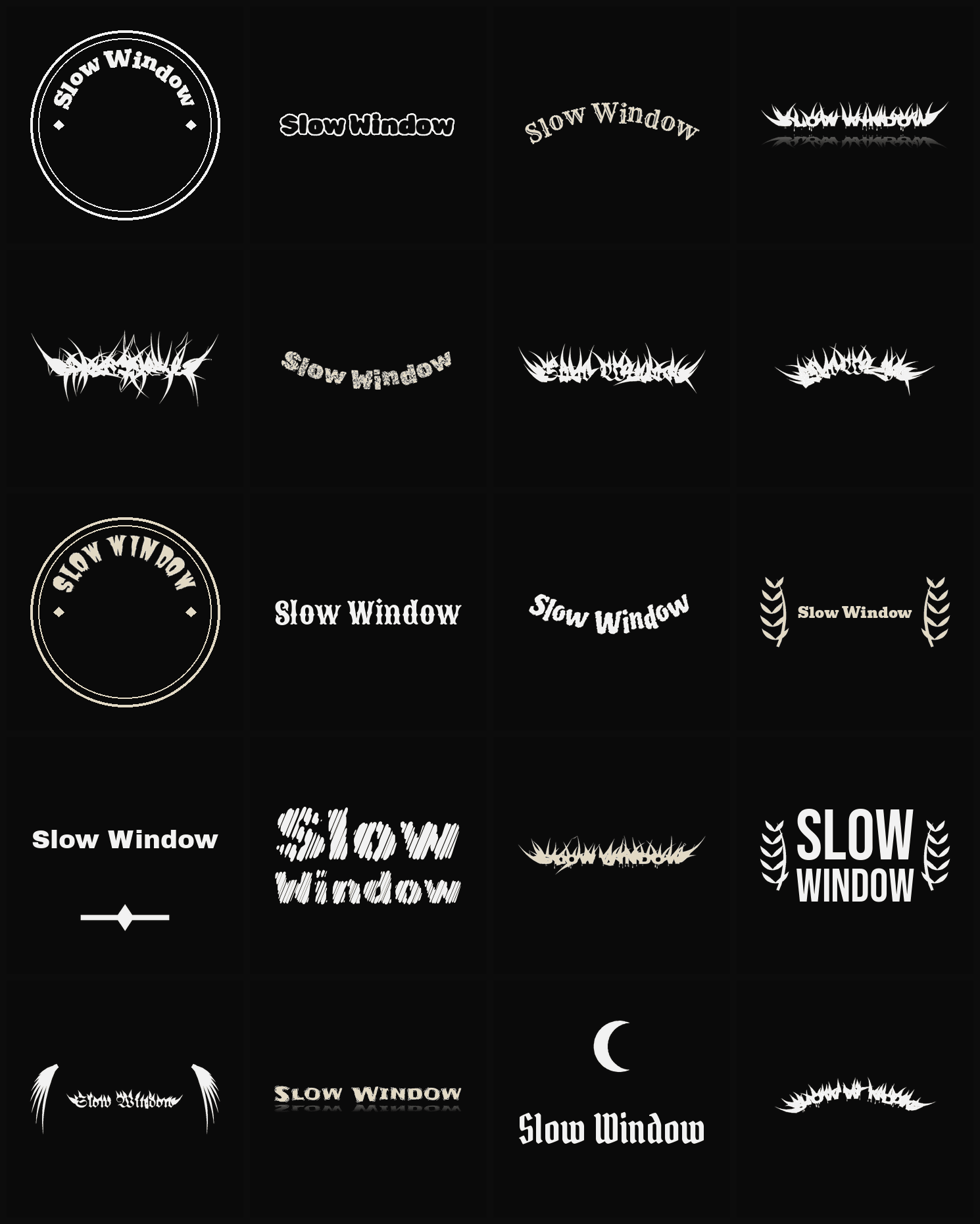Twenty Slow Window band logo ideas — different faces, treatments and spike settings