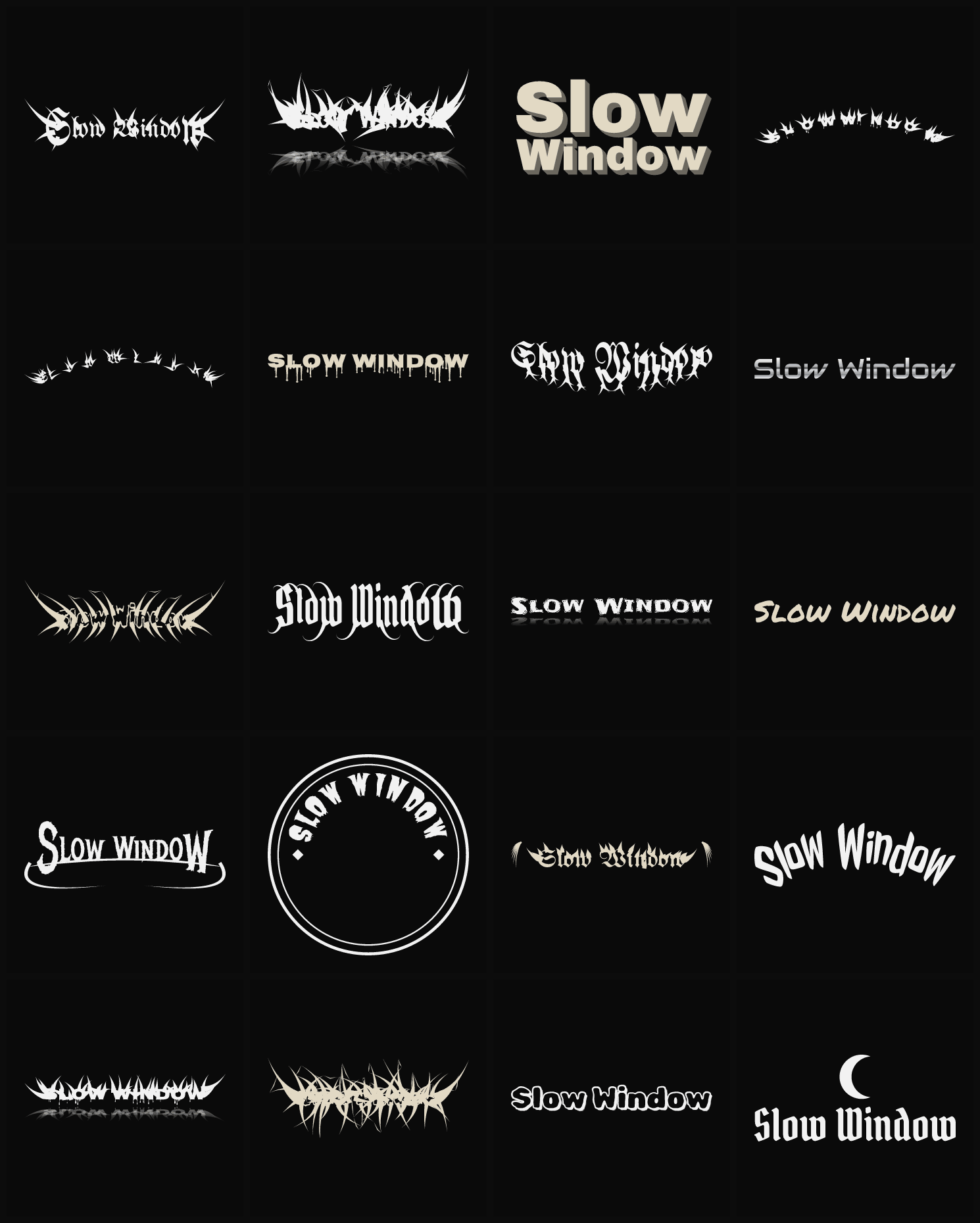 Twenty Slow Window band logo ideas — different faces, treatments and spike settings