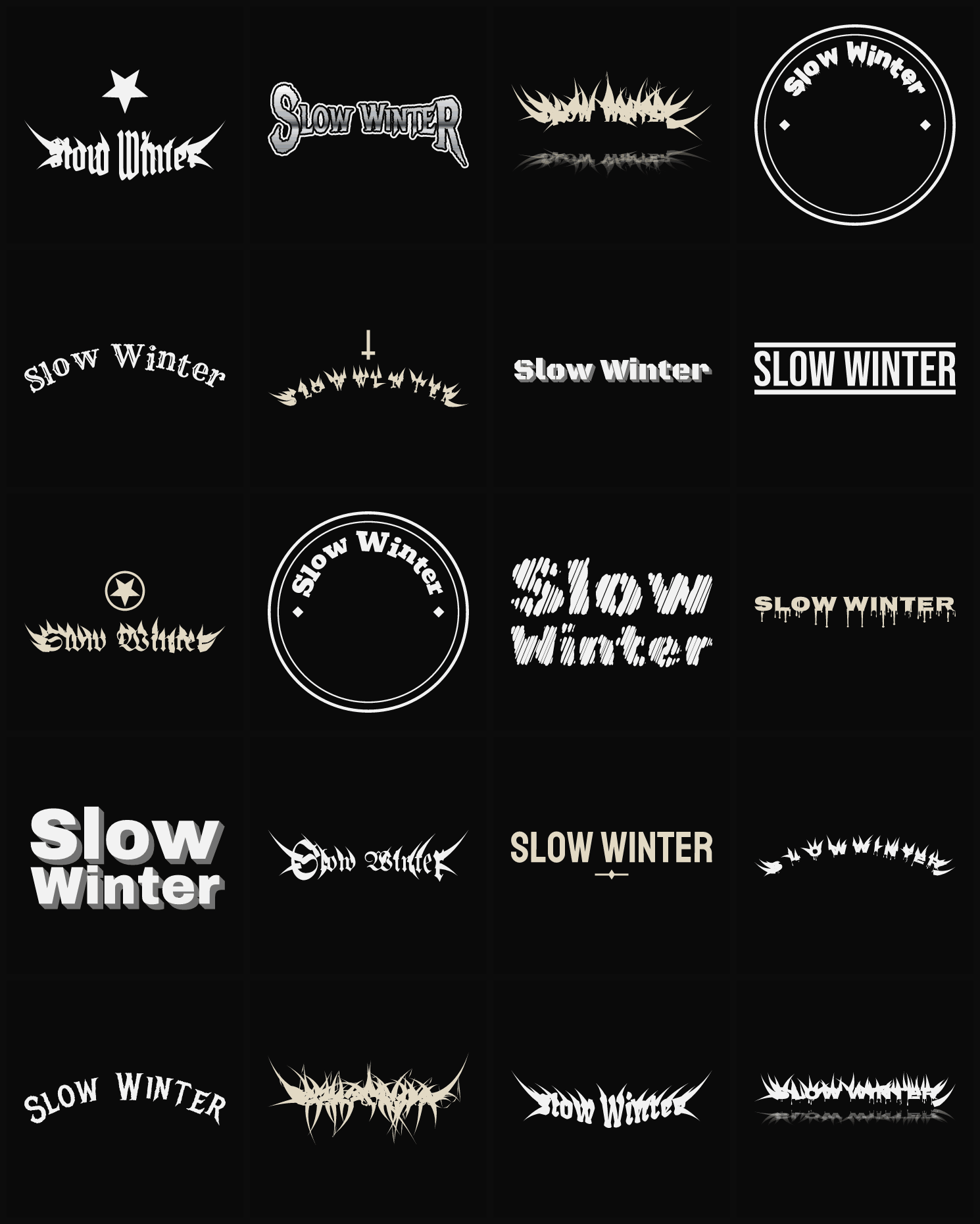 Twenty Slow Winter band logo ideas — different faces, treatments and spike settings