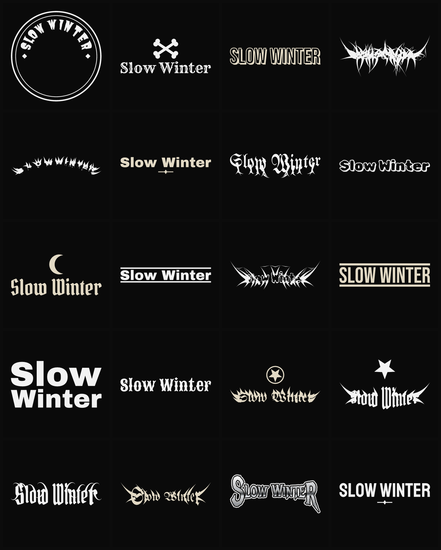 Twenty Slow Winter band logo ideas — different faces, treatments and spike settings