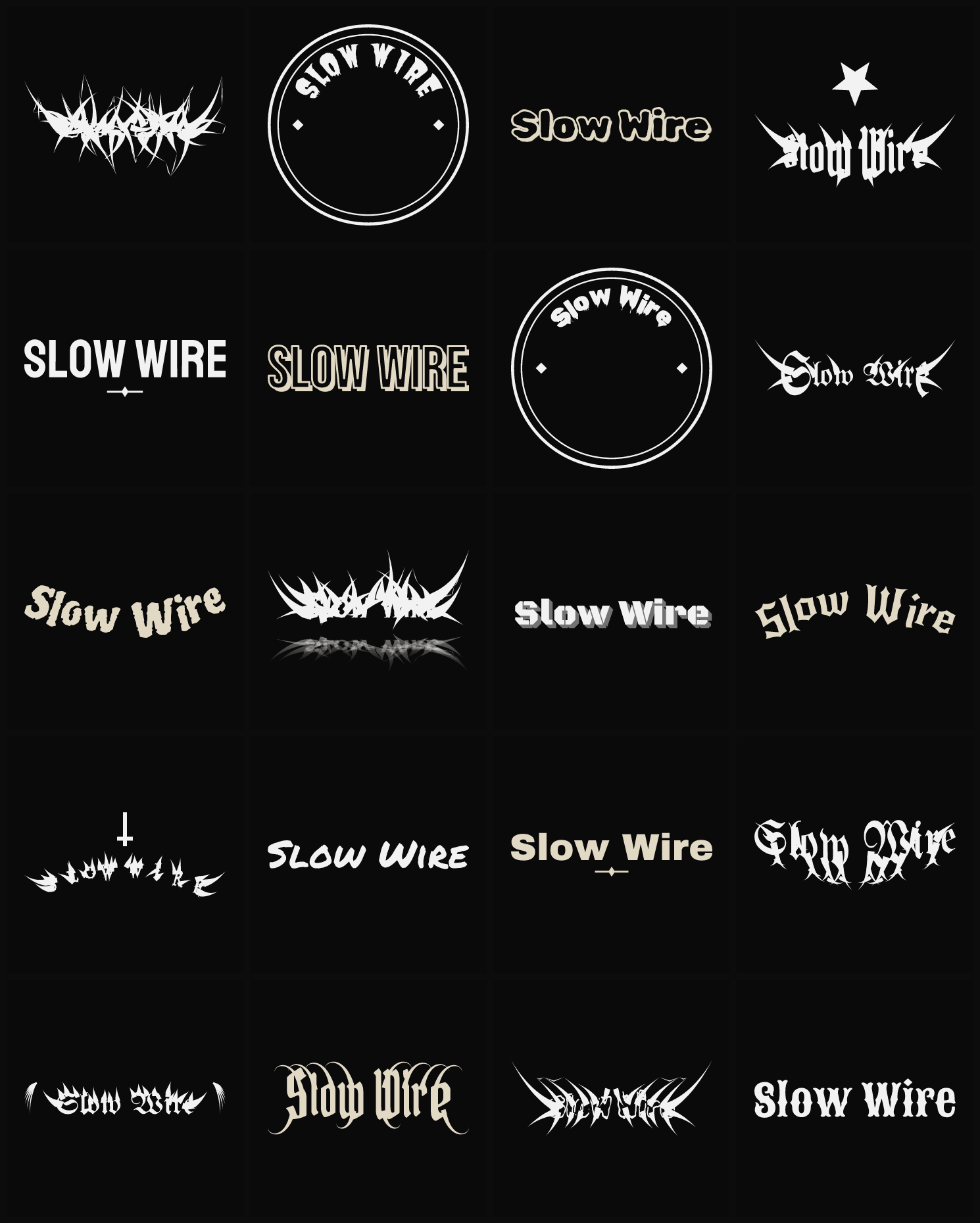 Twenty Slow Wire band logo ideas — different faces, treatments and spike settings