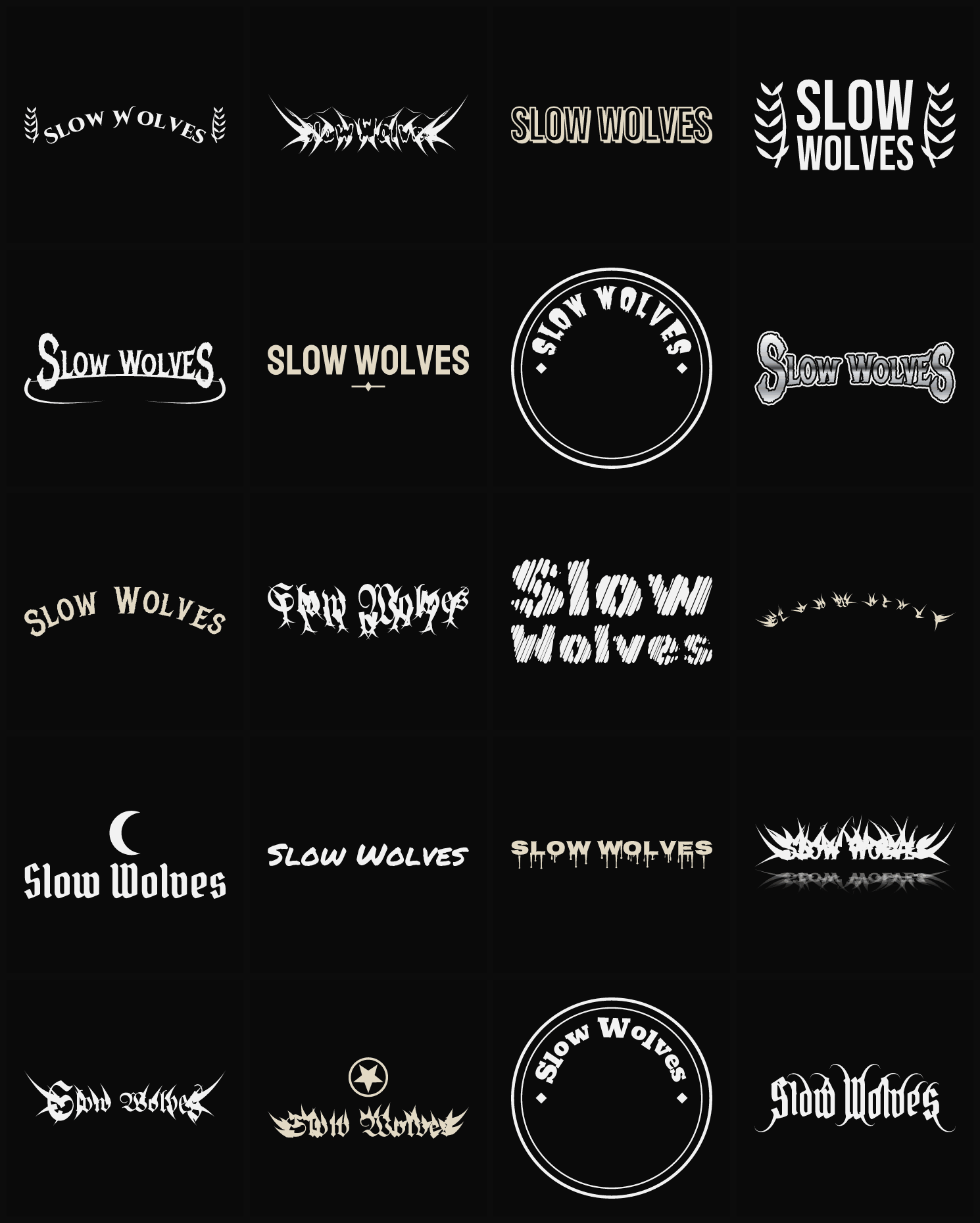 Twenty Slow Wolves band logo ideas — different faces, treatments and spike settings