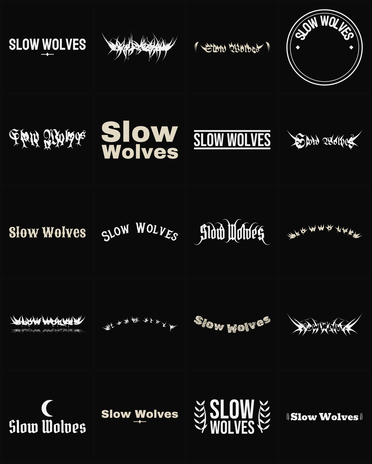 Twenty Slow Wolves band logo ideas — different faces, treatments and spike settings