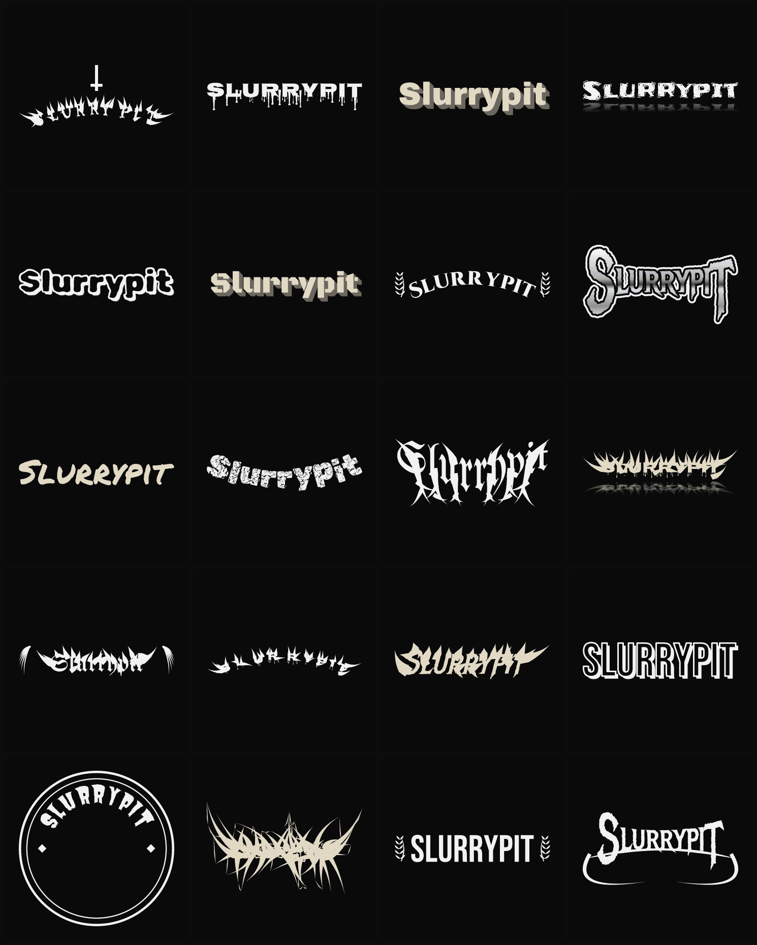 Twenty Slurrypit band logo ideas — different faces, treatments and spike settings