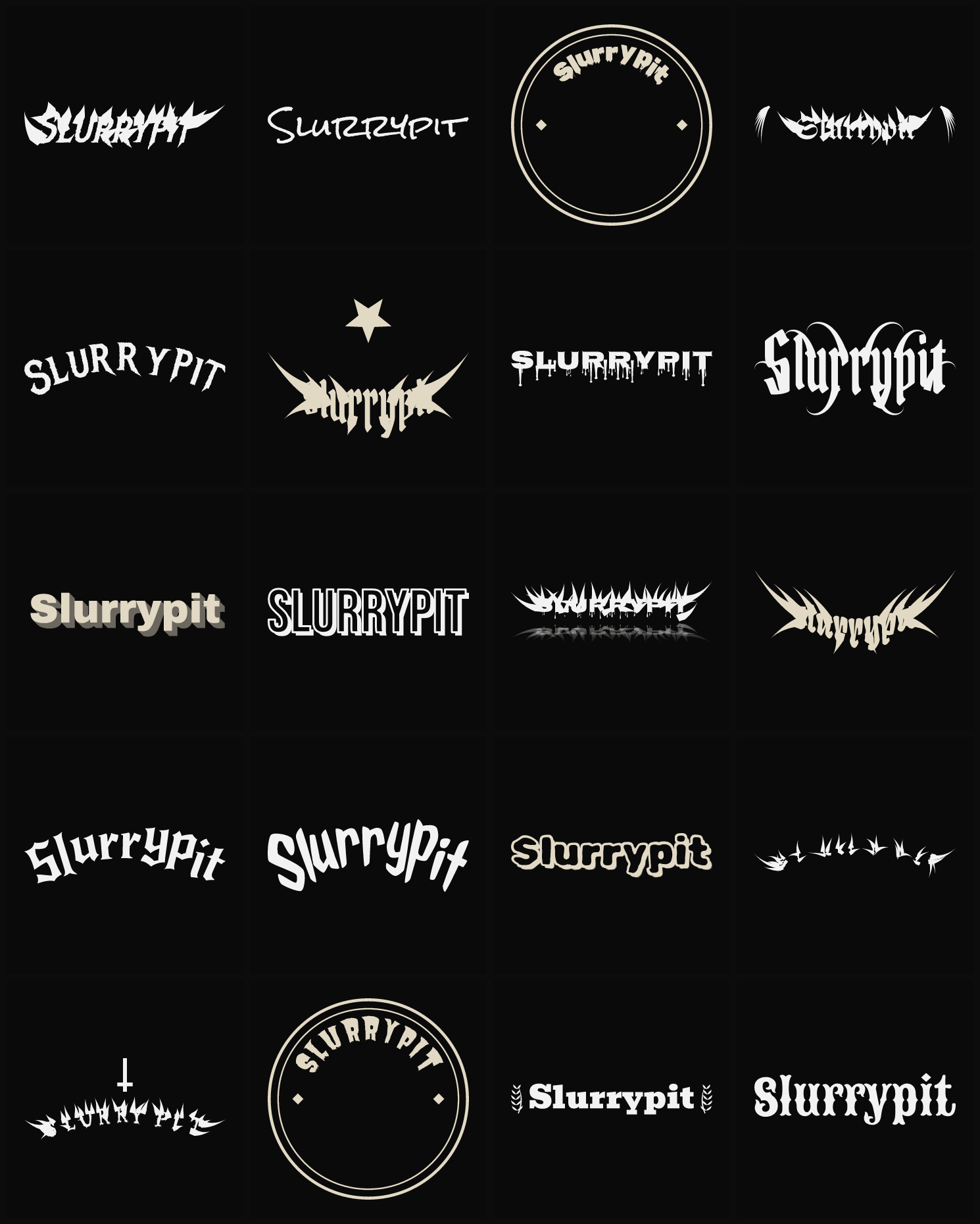 Twenty Slurrypit band logo ideas — different faces, treatments and spike settings