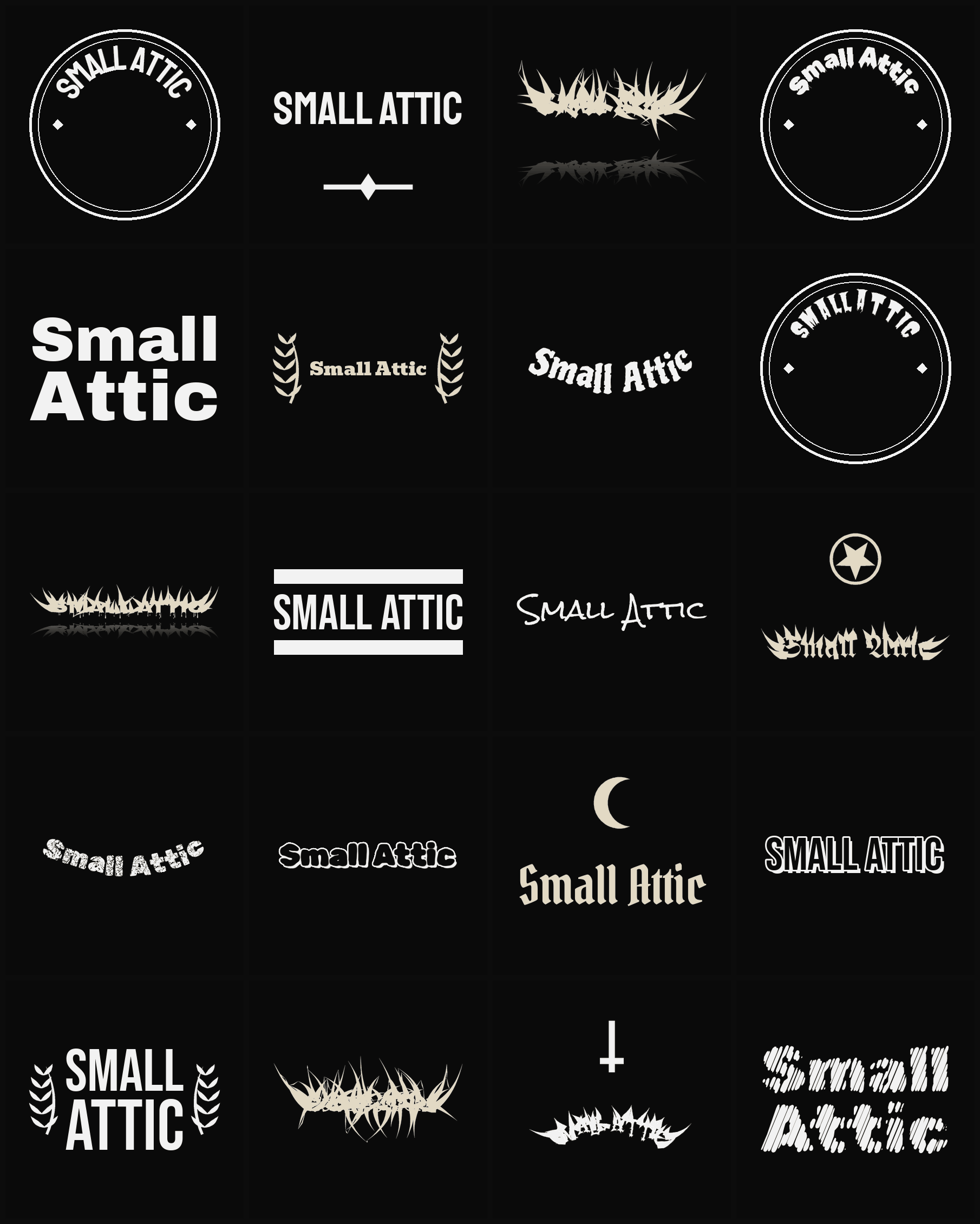 Twenty Small Attic band logo ideas — different faces, treatments and spike settings
