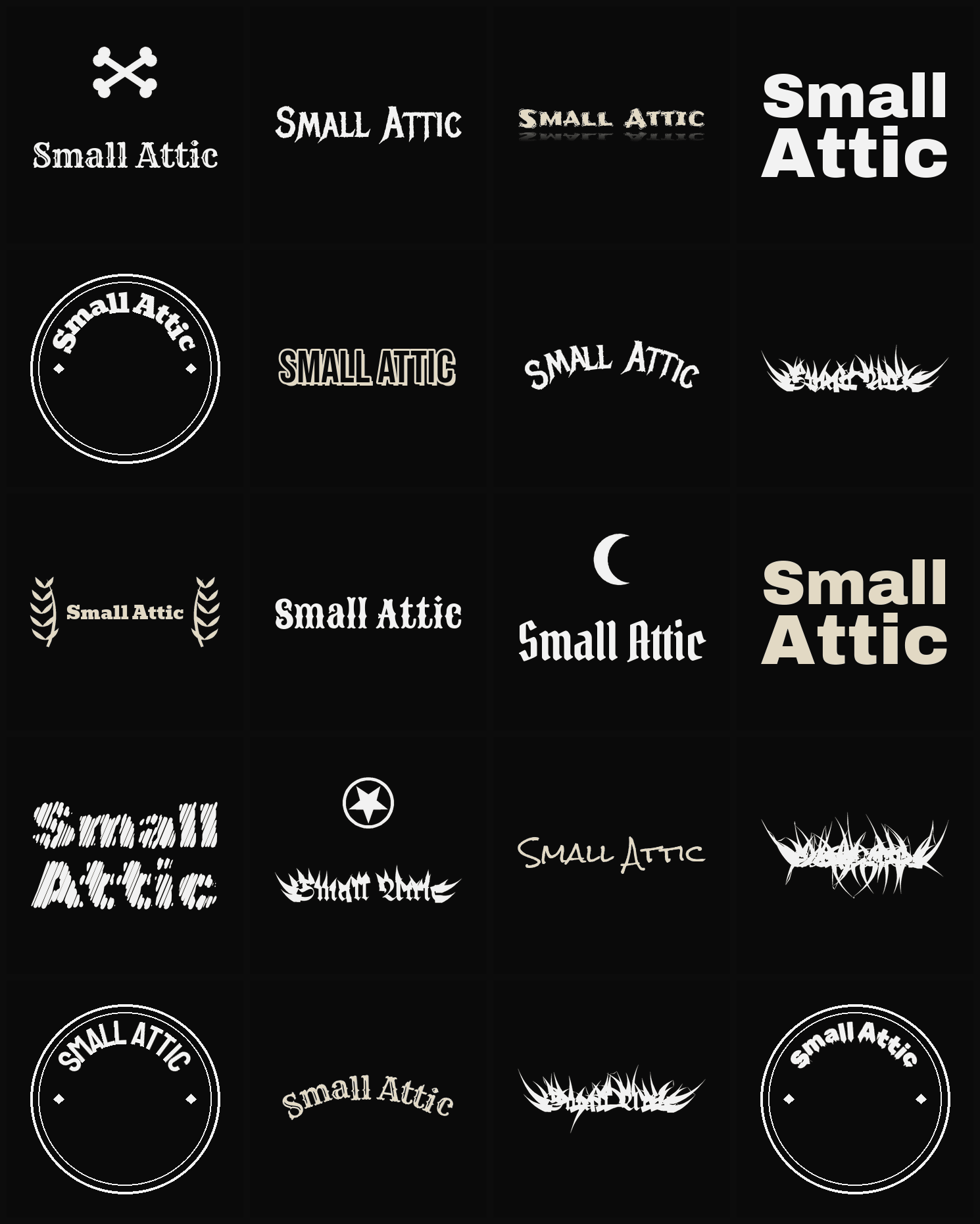 Twenty Small Attic band logo ideas — different faces, treatments and spike settings