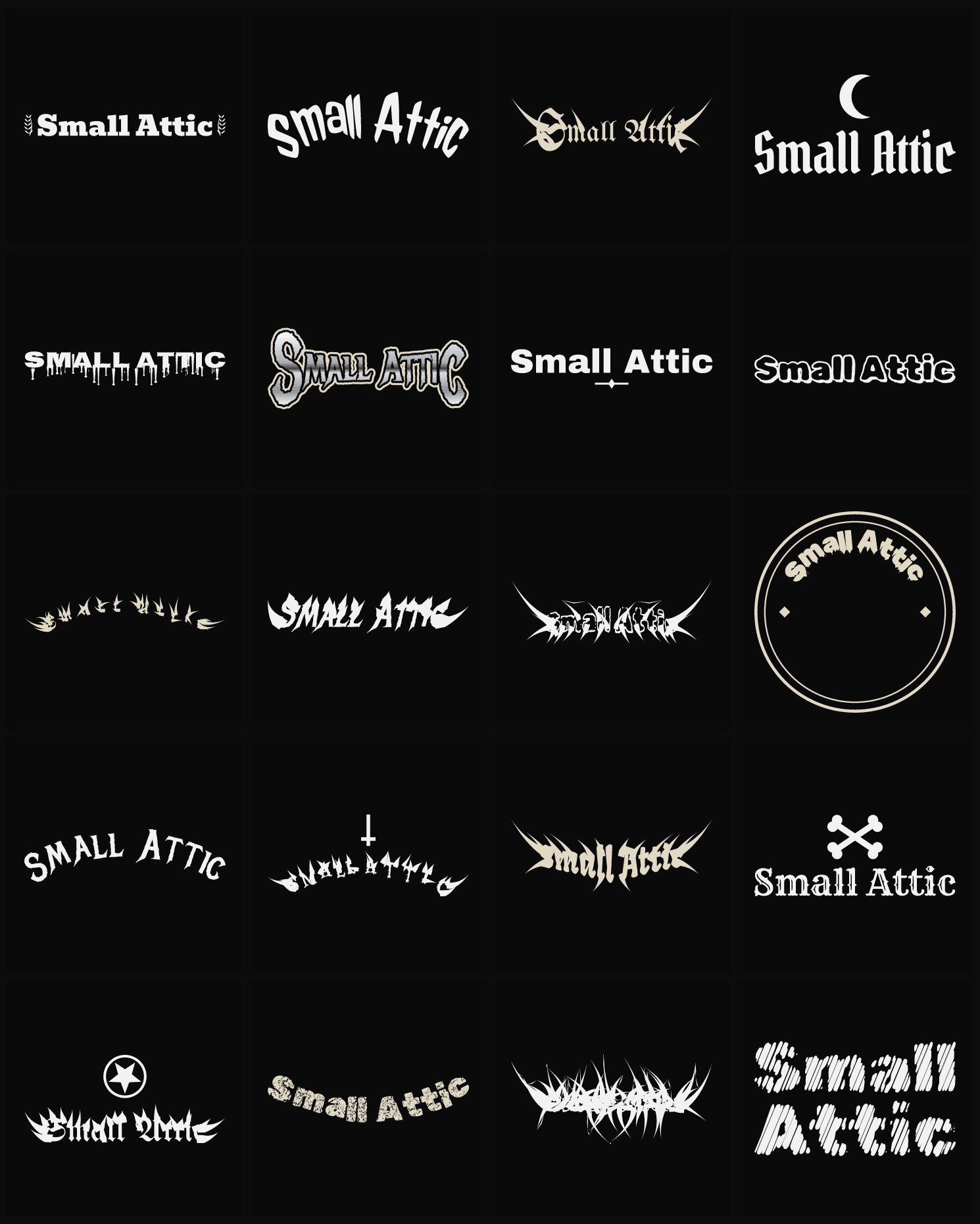 Twenty Small Attic band logo ideas — different faces, treatments and spike settings