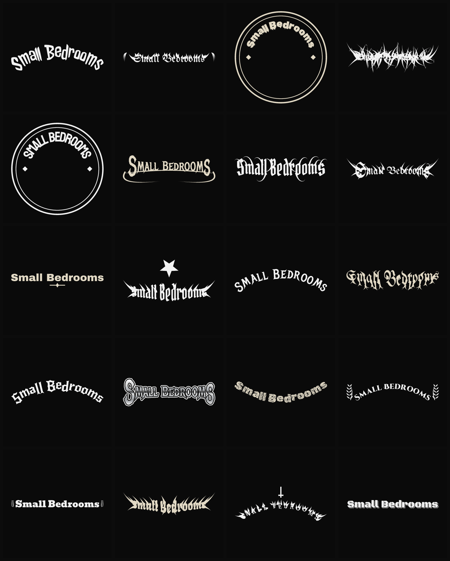 Twenty Small Bedrooms band logo ideas — different faces, treatments and spike settings