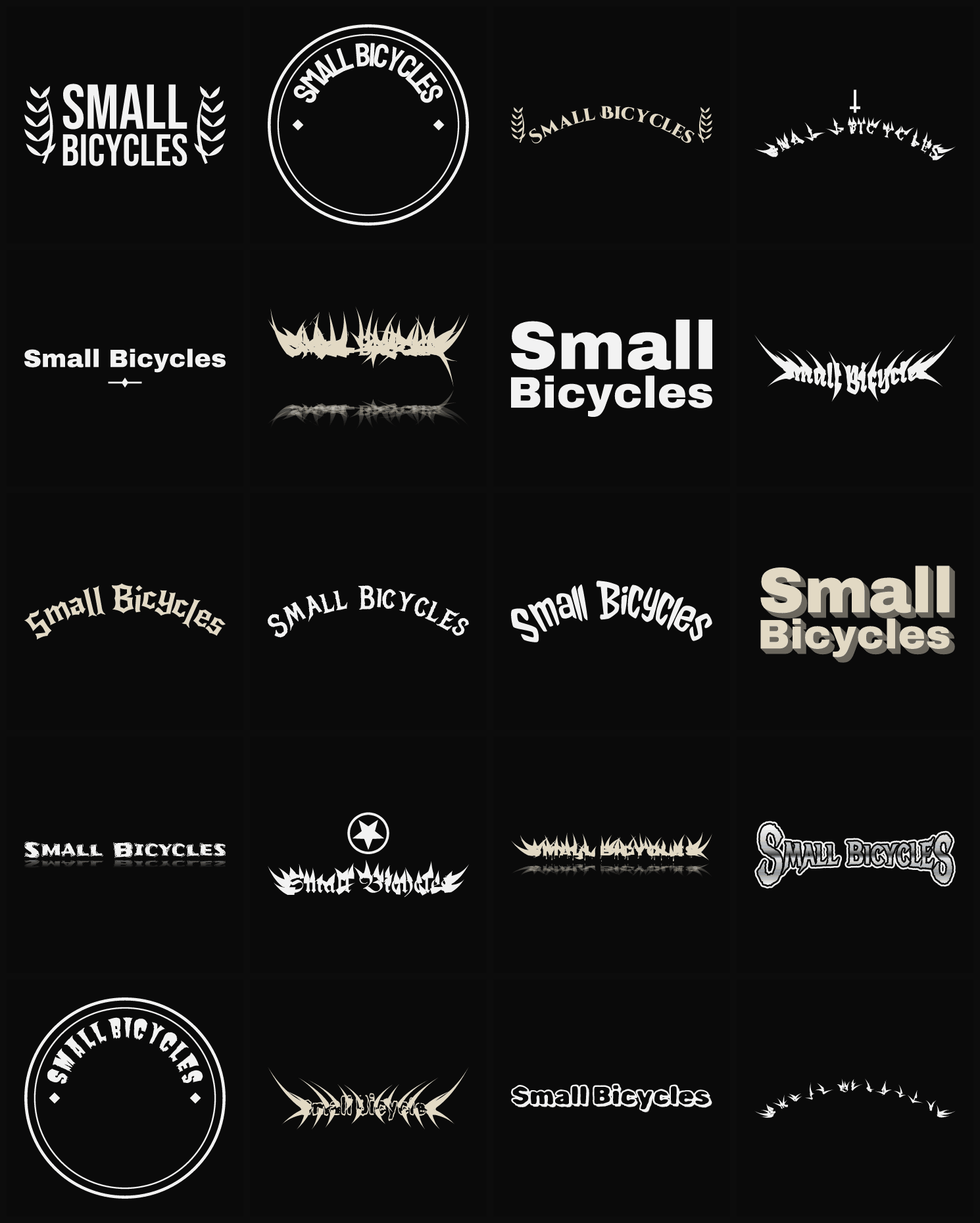 Twenty Small Bicycles band logo ideas — different faces, treatments and spike settings