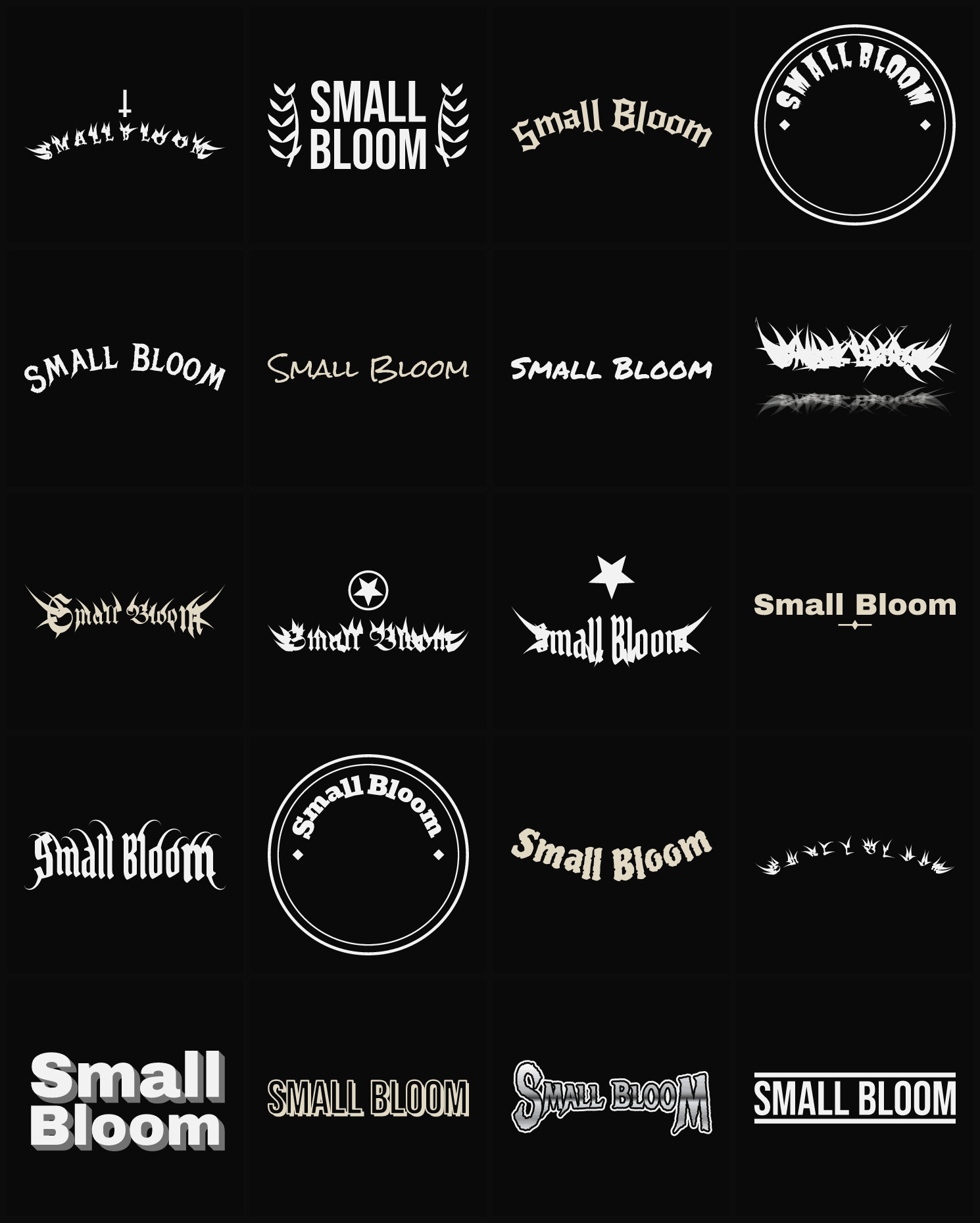 Twenty Small Bloom band logo ideas — different faces, treatments and spike settings