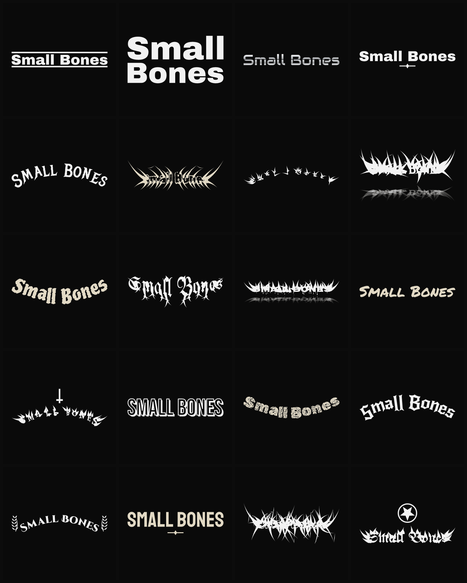 Twenty Small Bones band logo ideas — different faces, treatments and spike settings