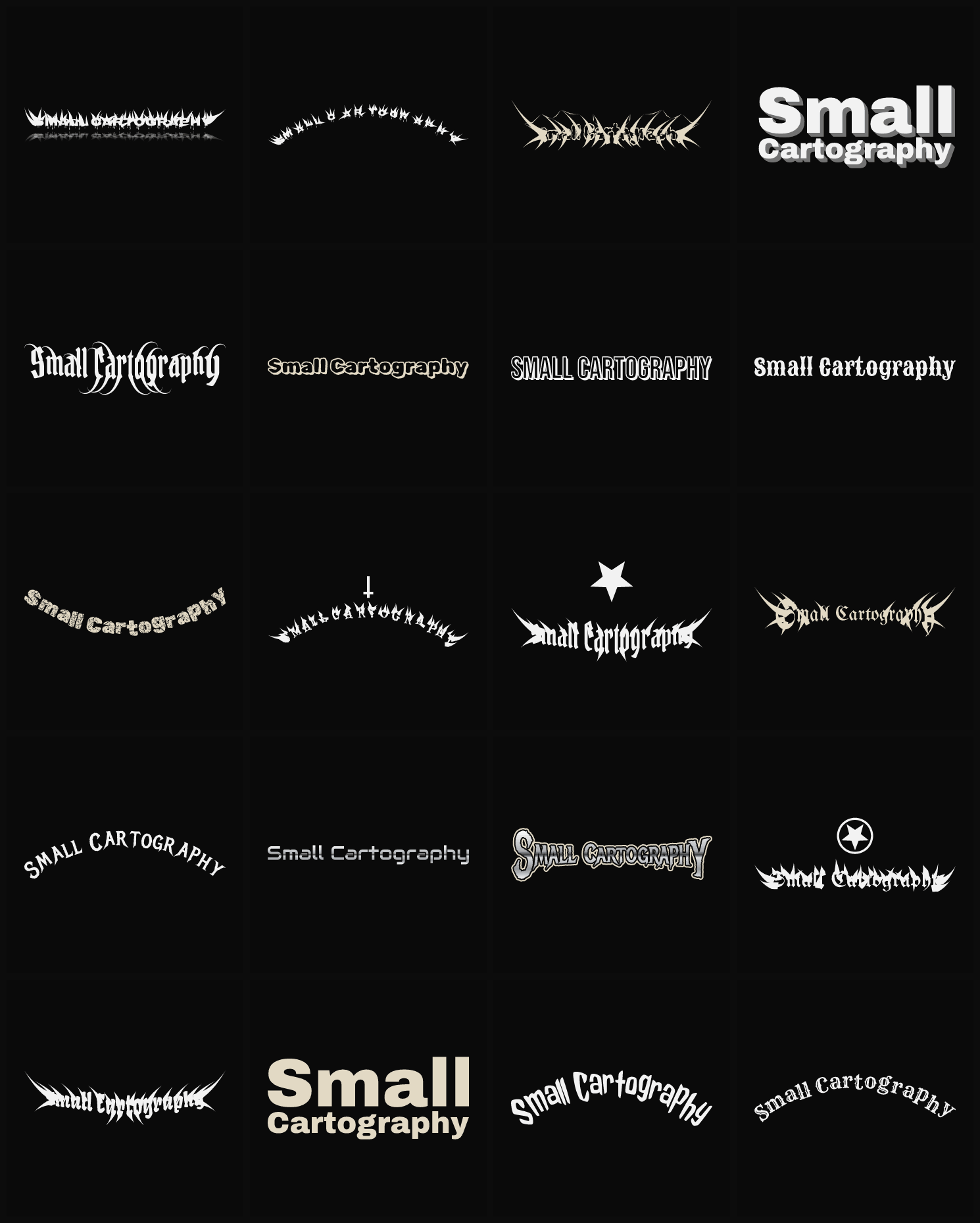 Twenty Small Cartography band logo ideas — different faces, treatments and spike settings