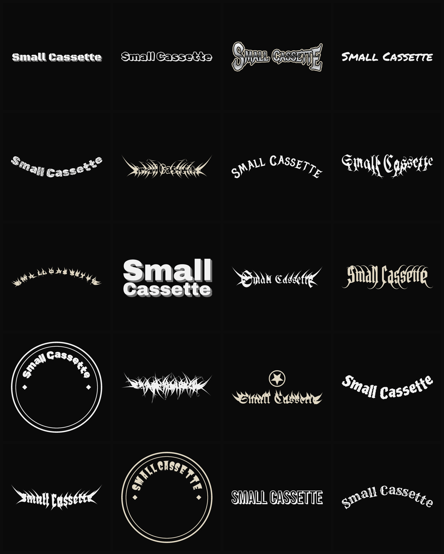 Twenty Small Cassette band logo ideas — different faces, treatments and spike settings