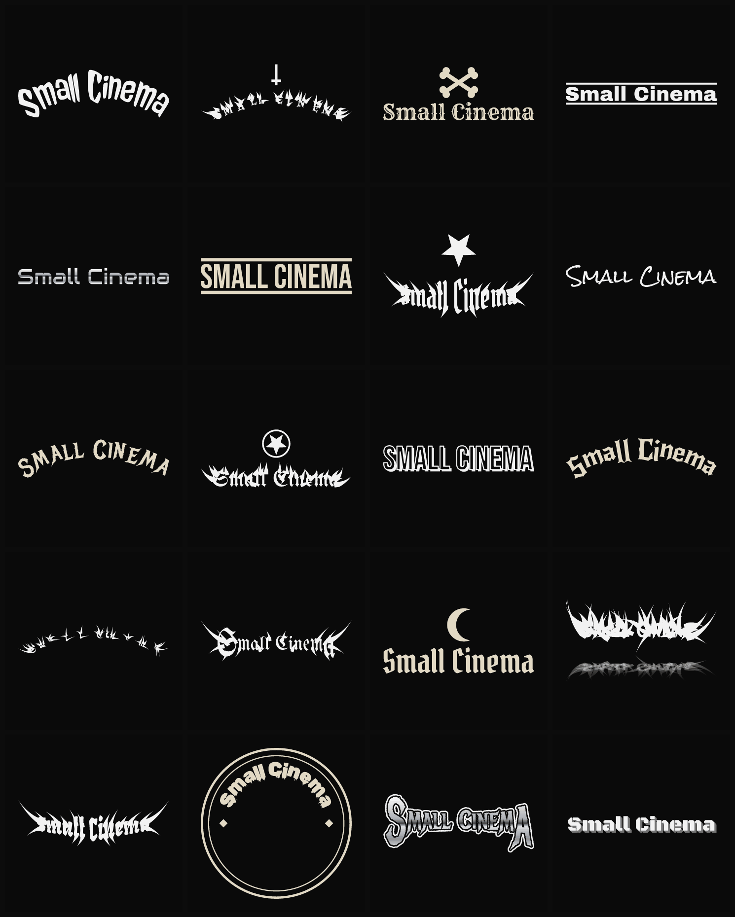 Twenty Small Cinema band logo ideas — different faces, treatments and spike settings