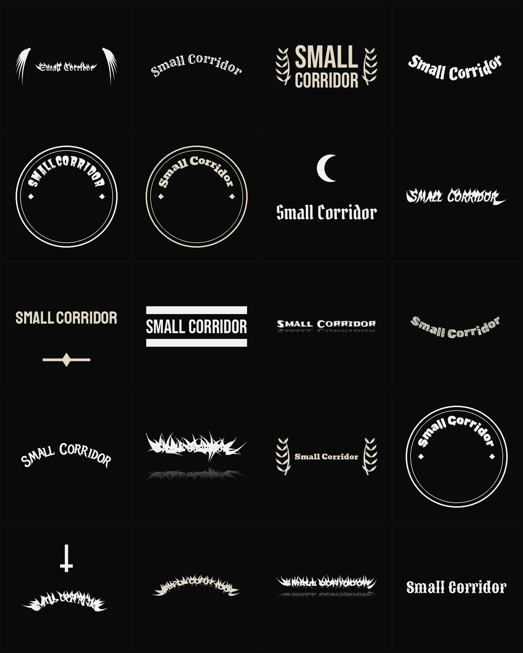 Twenty Small Corridor band logo ideas — different faces, treatments and spike settings