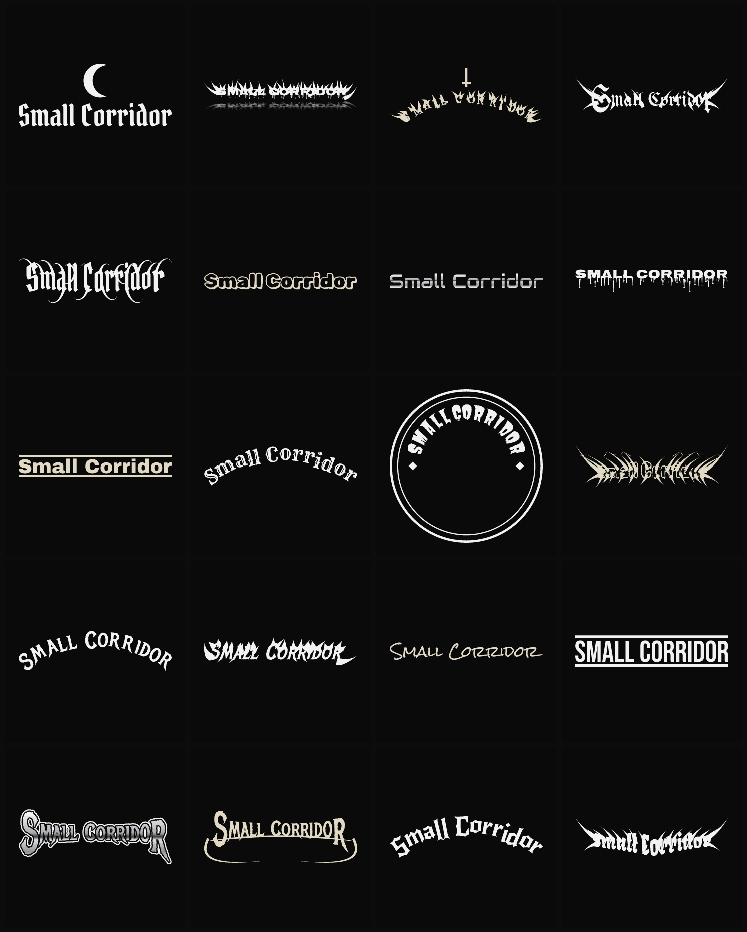 Twenty Small Corridor band logo ideas — different faces, treatments and spike settings