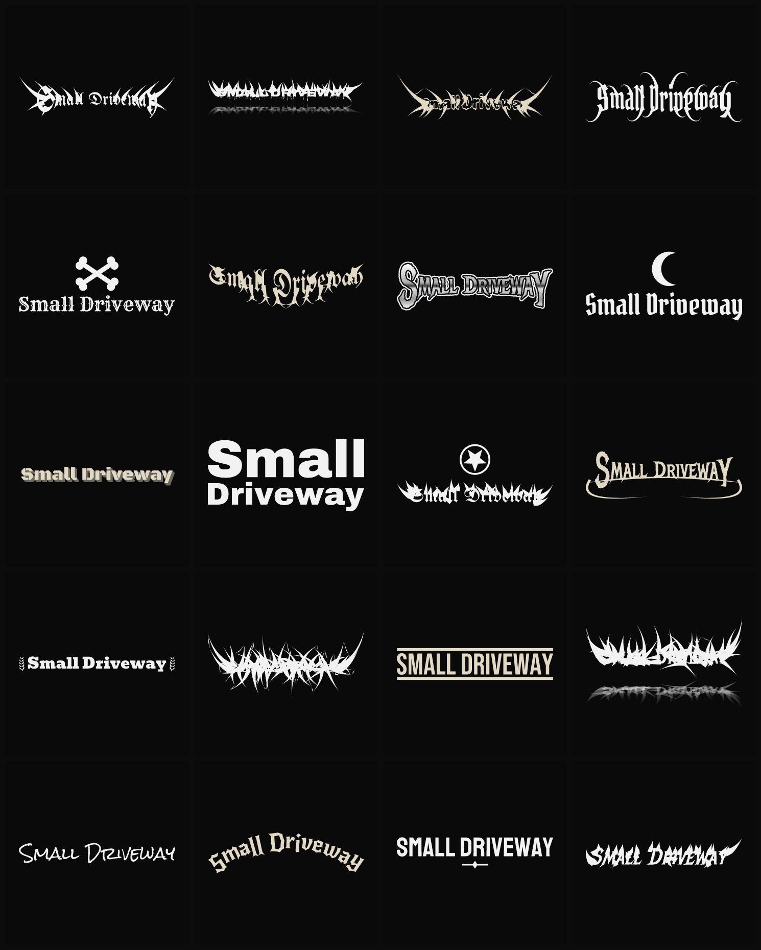Twenty Small Driveway band logo ideas — different faces, treatments and spike settings