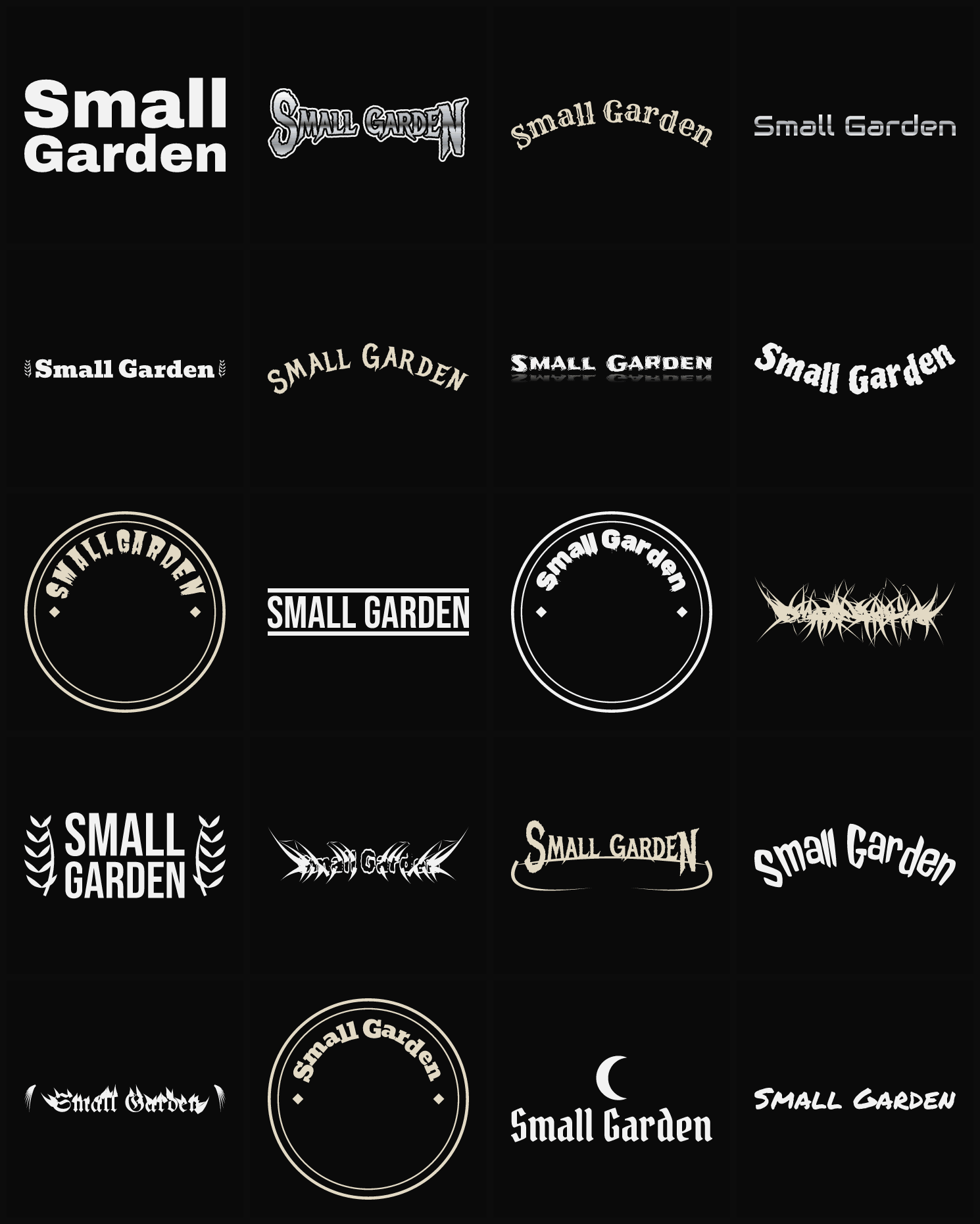 Twenty Small Garden band logo ideas — different faces, treatments and spike settings