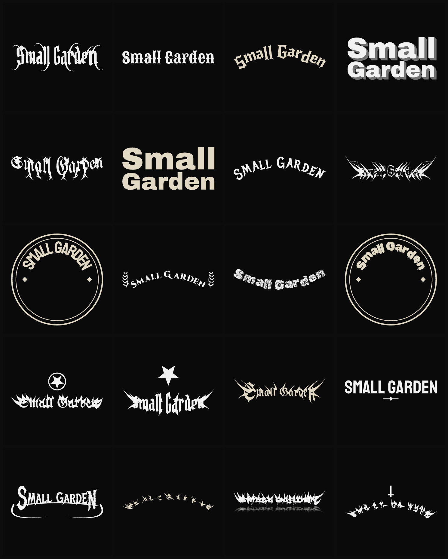 Twenty Small Garden band logo ideas — different faces, treatments and spike settings
