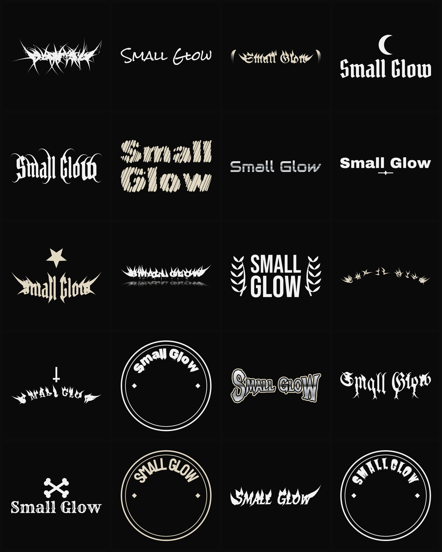 Twenty Small Glow band logo ideas — different faces, treatments and spike settings