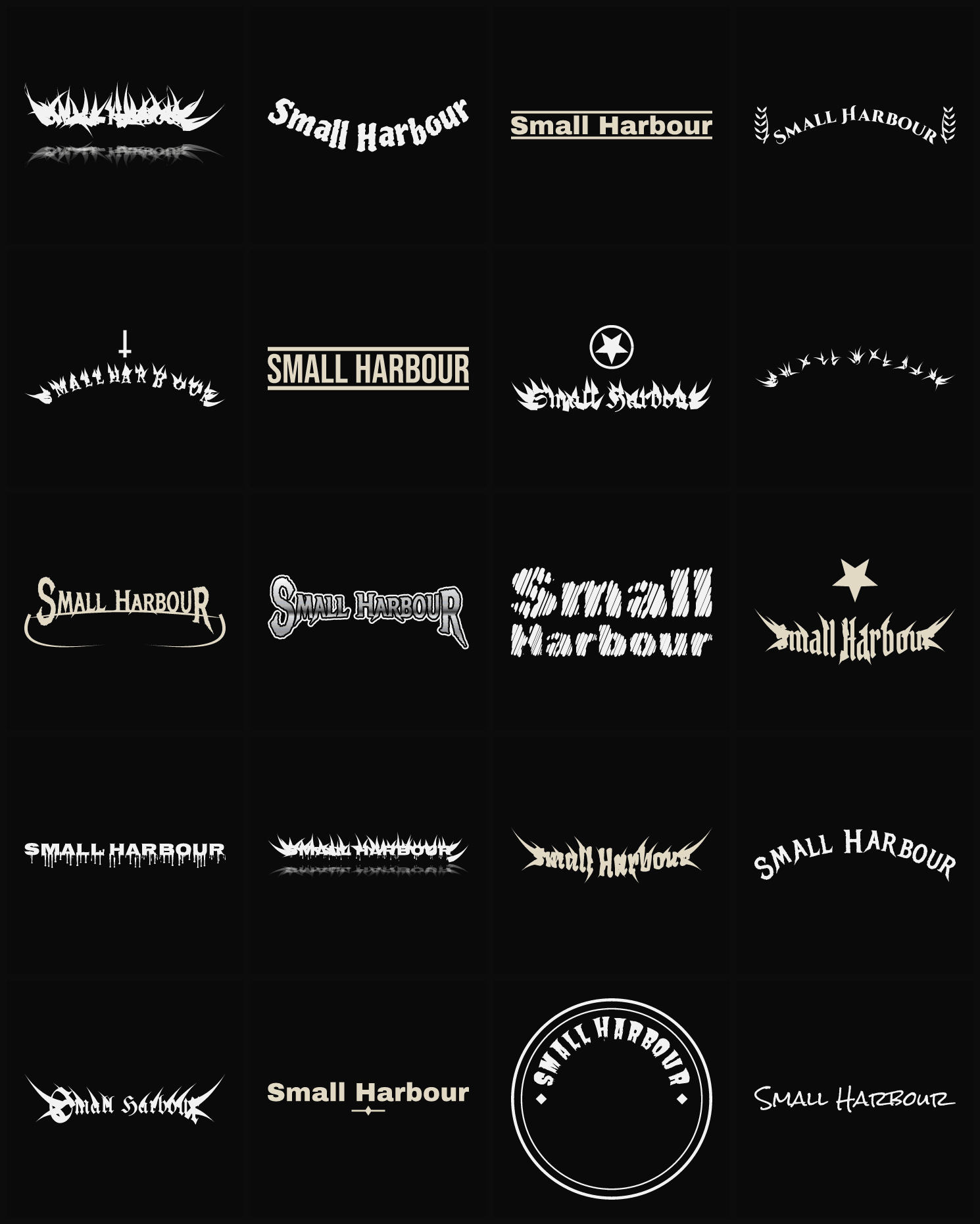 Twenty Small Harbour band logo ideas — different faces, treatments and spike settings