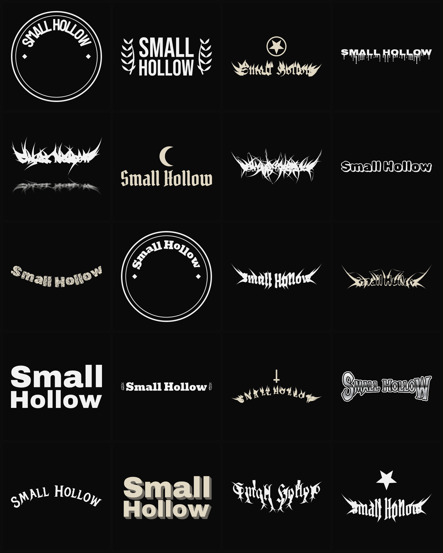 Twenty Small Hollow band logo ideas — different faces, treatments and spike settings
