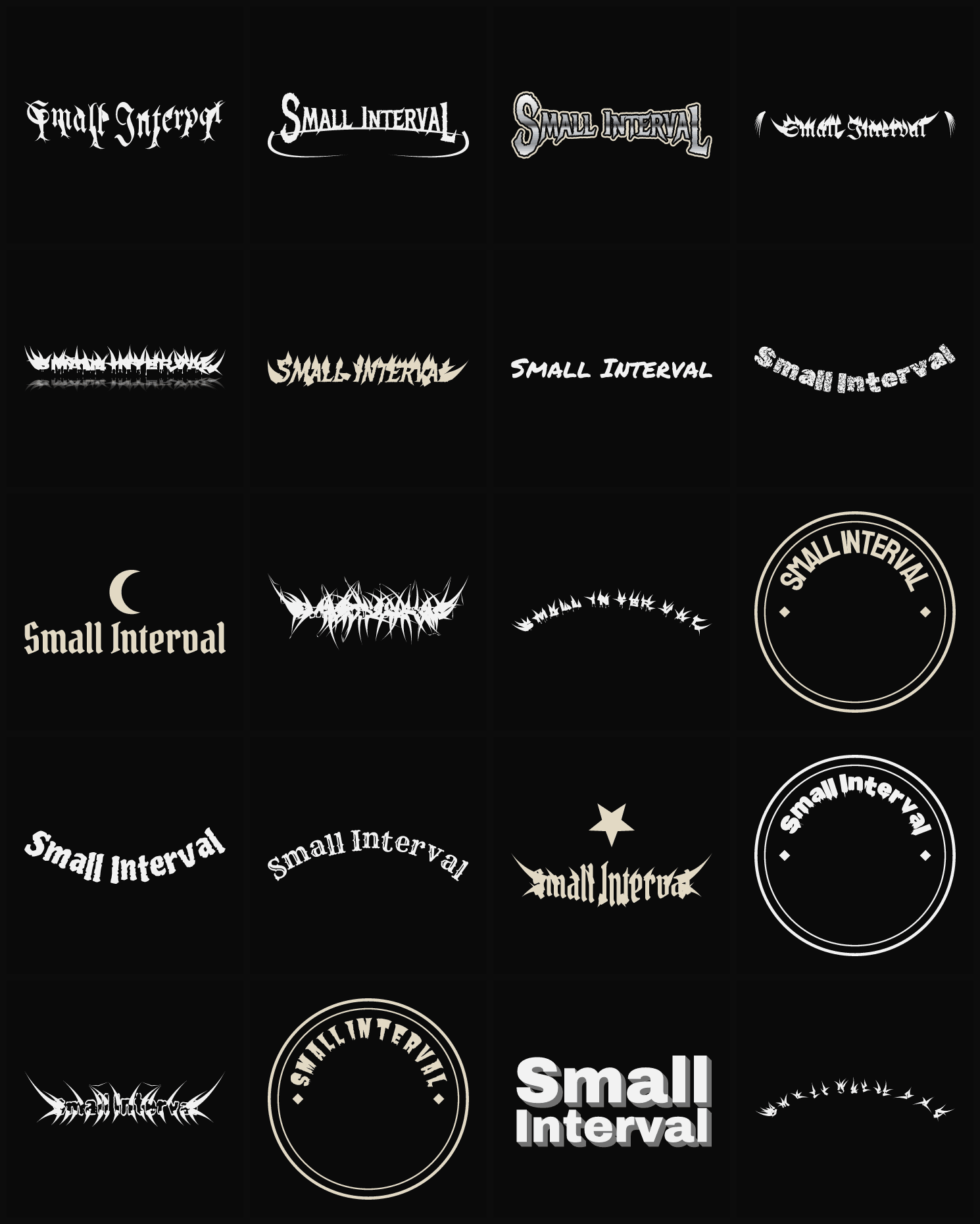 Twenty Small Interval band logo ideas — different faces, treatments and spike settings