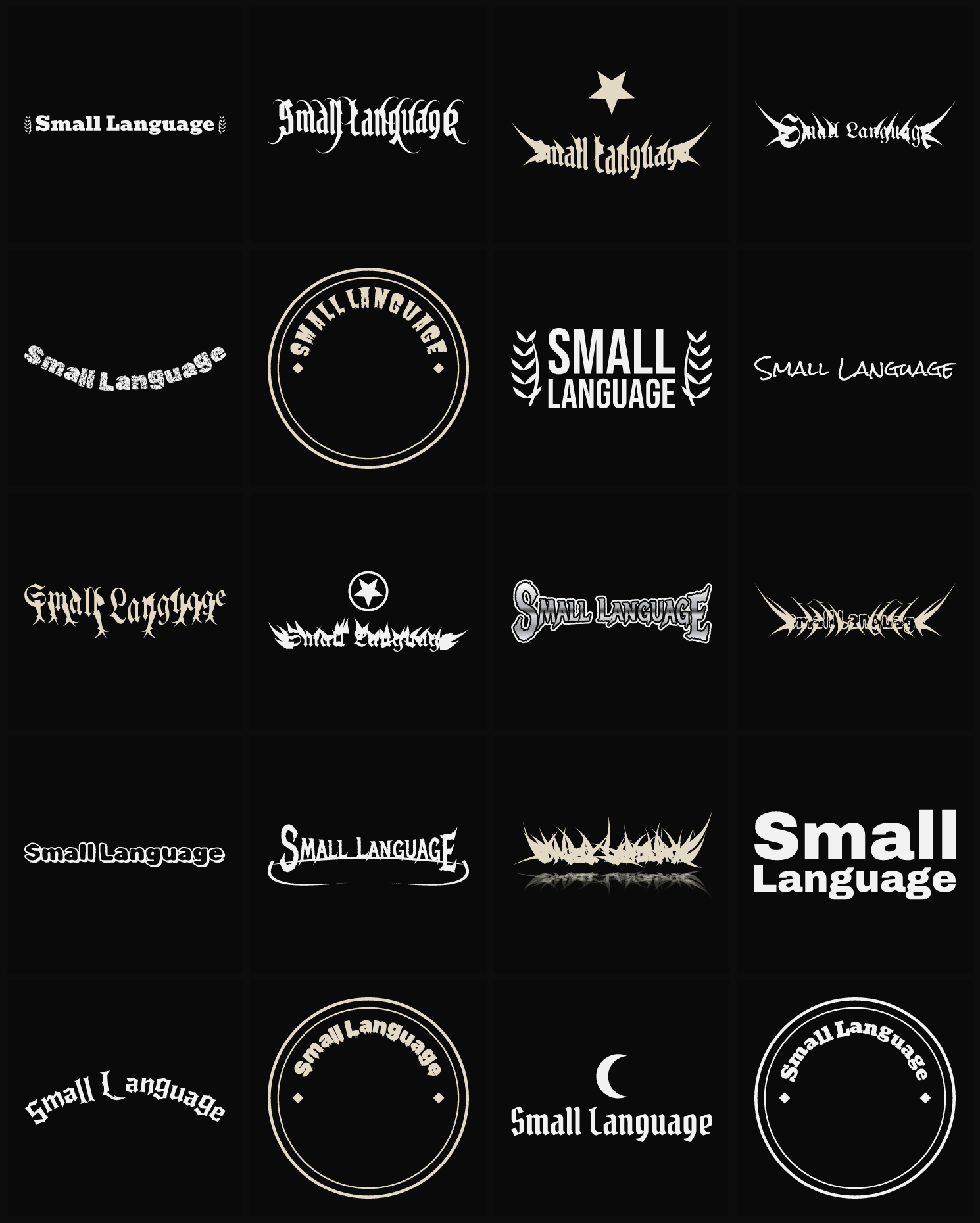 Twenty Small Language band logo ideas — different faces, treatments and spike settings
