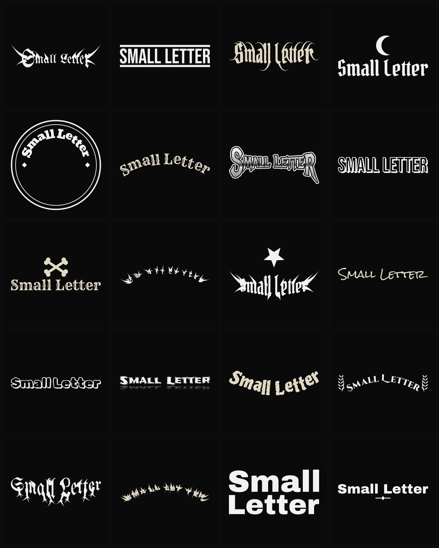 Twenty Small Letter band logo ideas — different faces, treatments and spike settings