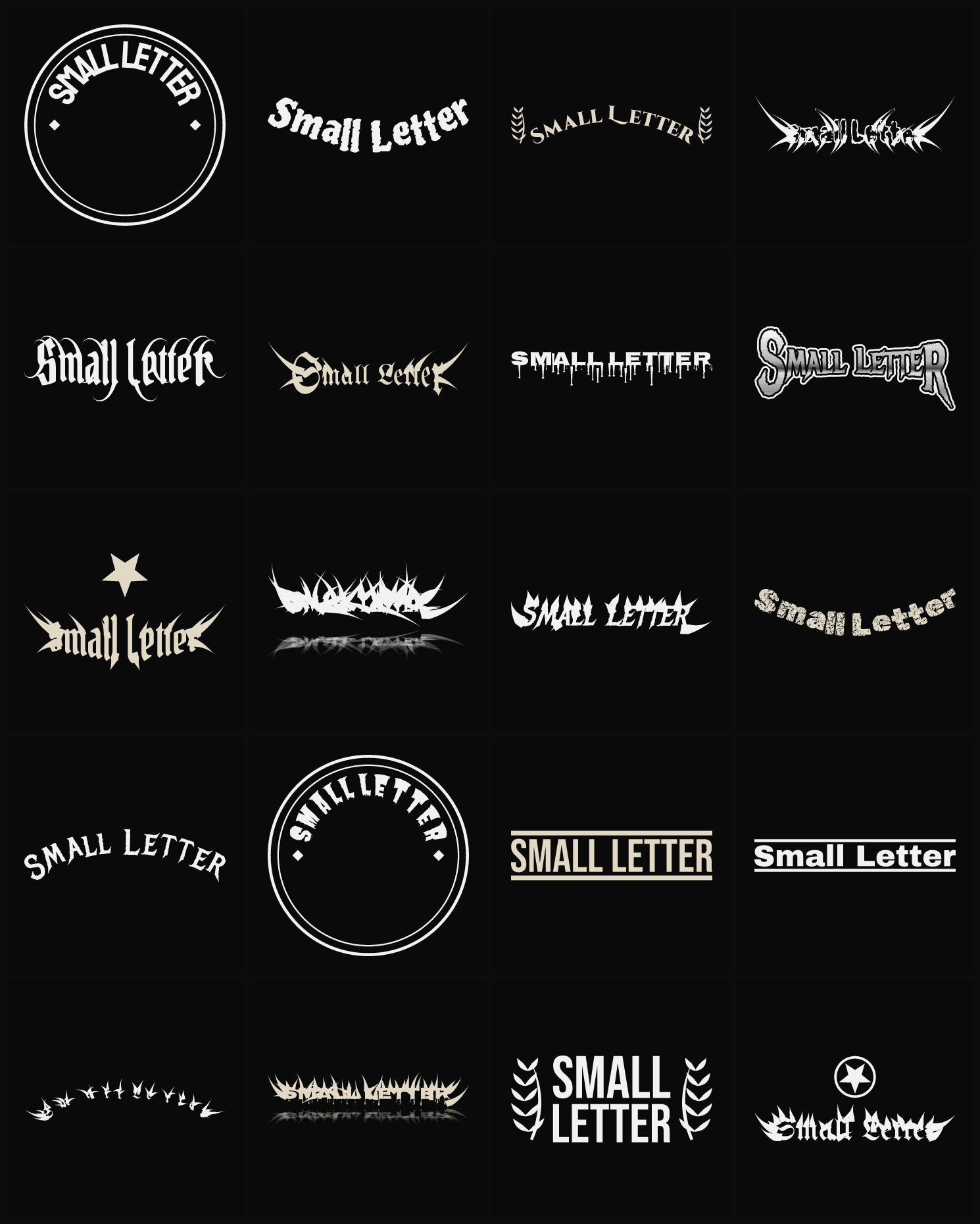 Twenty Small Letter band logo ideas — different faces, treatments and spike settings