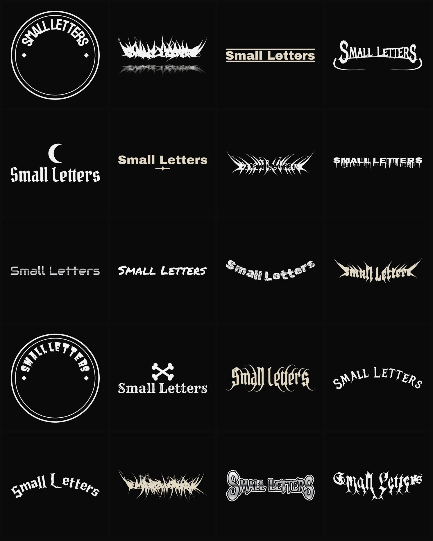 Twenty Small Letters band logo ideas — different faces, treatments and spike settings