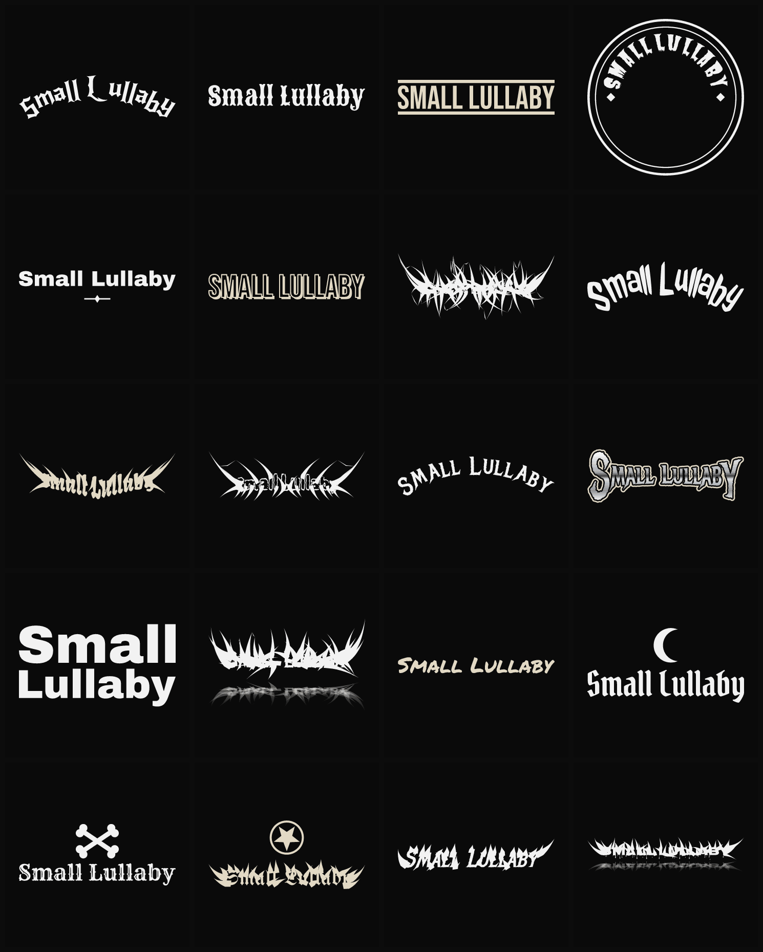 Twenty Small Lullaby band logo ideas — different faces, treatments and spike settings