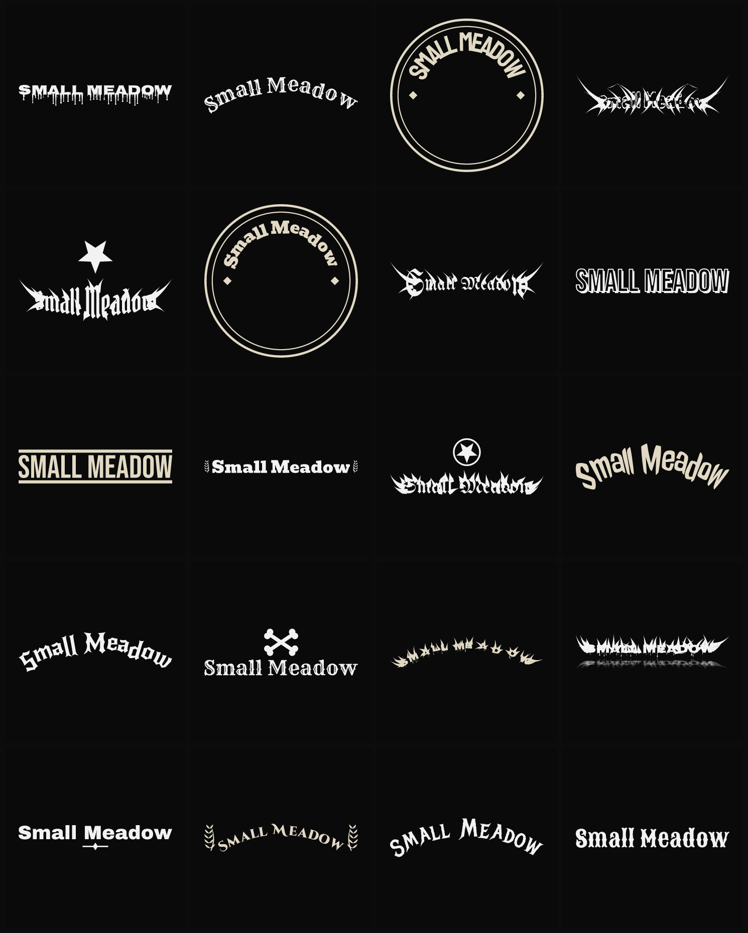 Twenty Small Meadow band logo ideas — different faces, treatments and spike settings